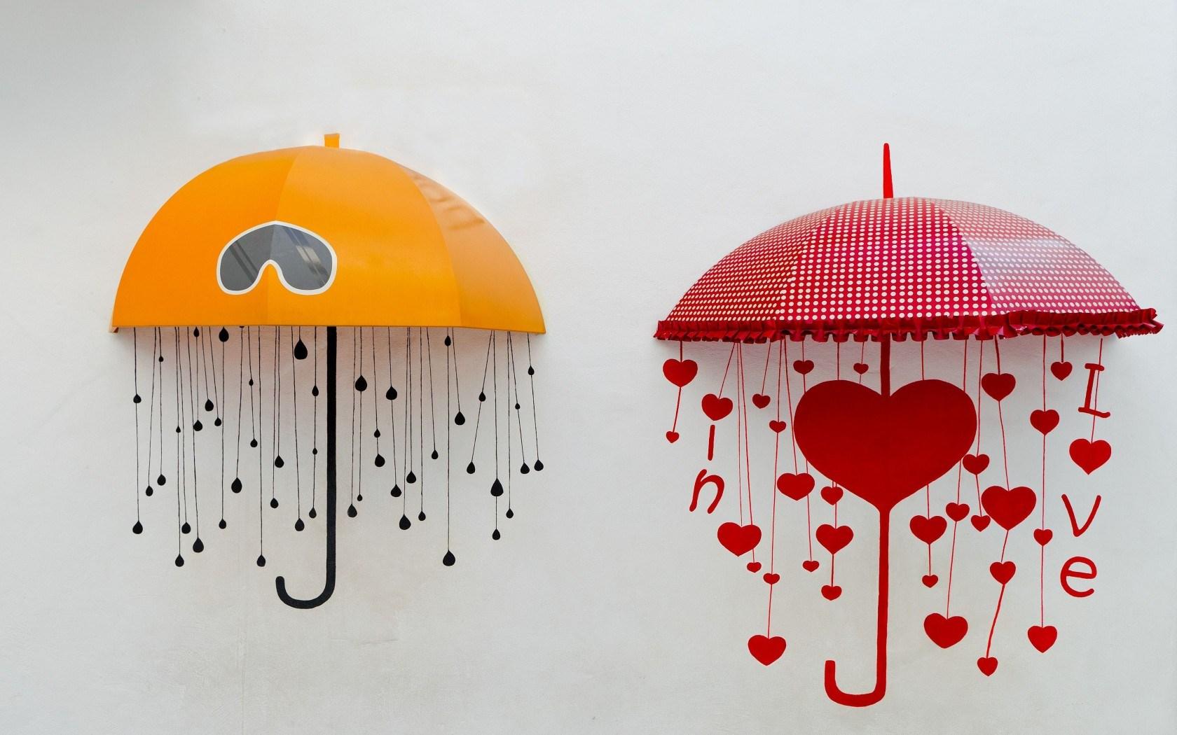 Mood Umbrellas Yellow Red Rain Love Hearts Art