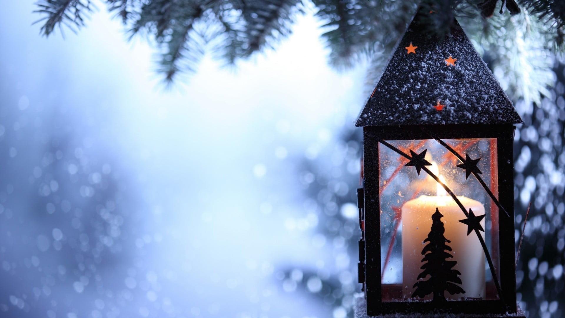 White pillar candle, Christmas, holiday, lantern HD