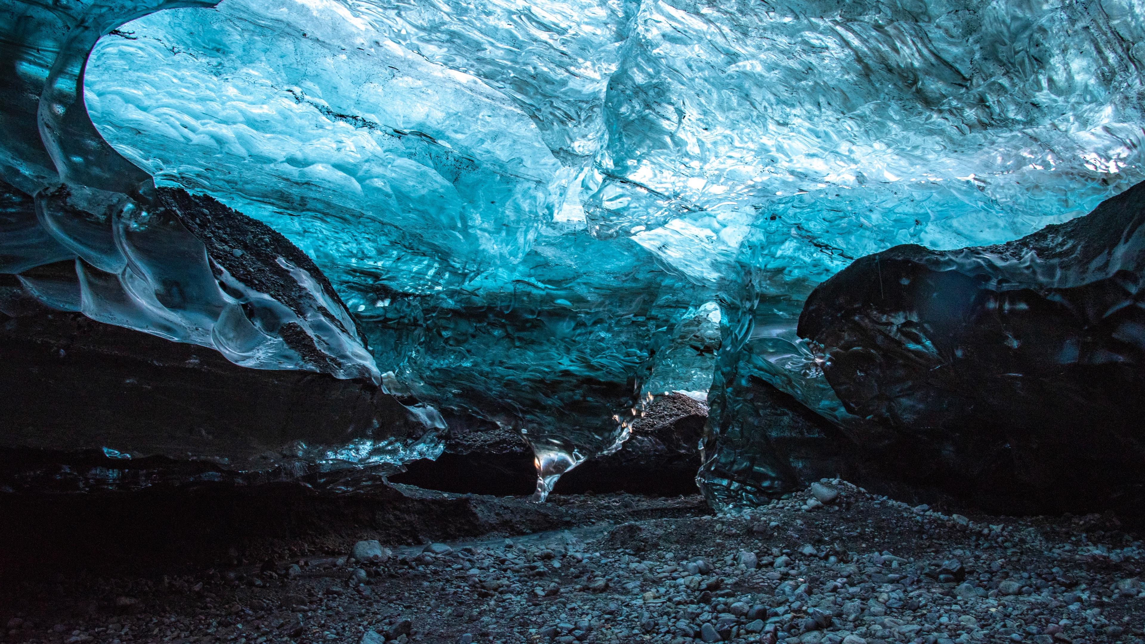 Download wallpaper 3840x2160 cave, ice, ice floe, stones 4k