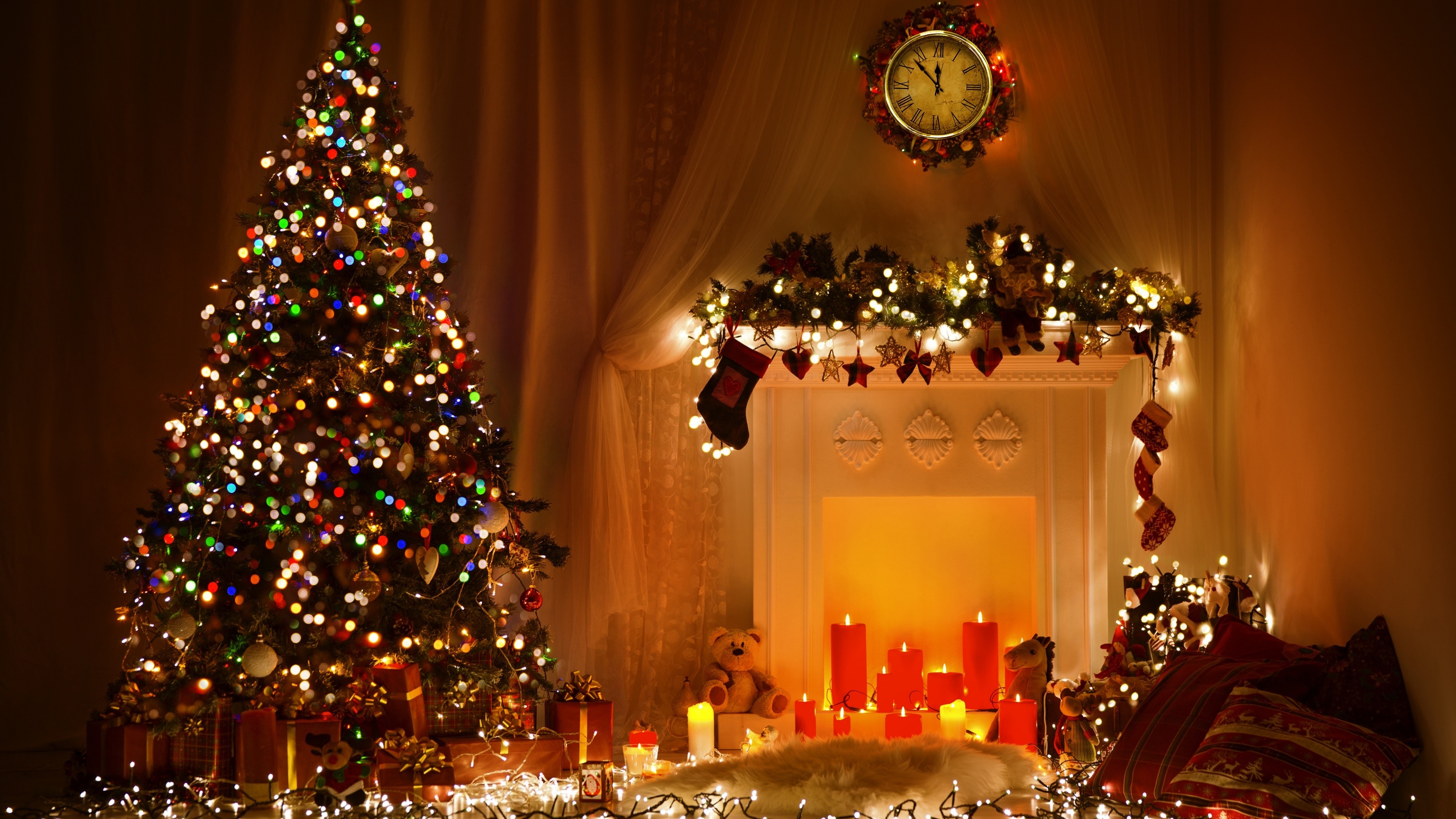 Wallpaper Christmas, New Year, Toys, Fir Tree, Fireplace