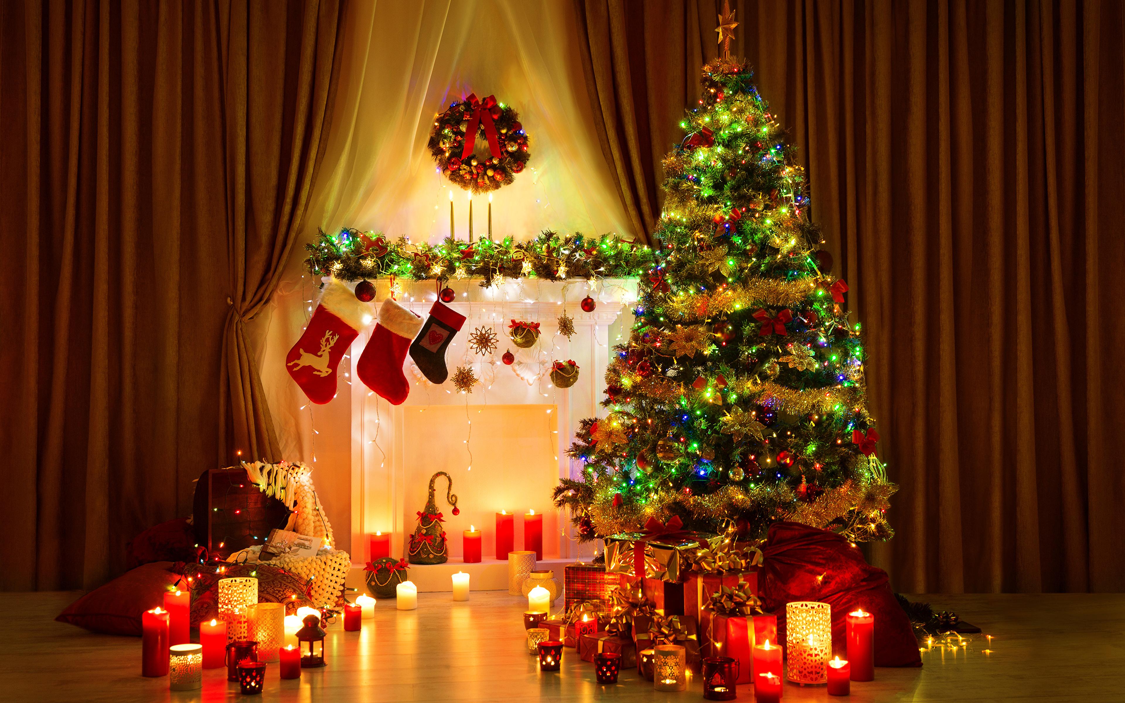 Wallpaper New year New Year tree Gifts Fireplace Candles