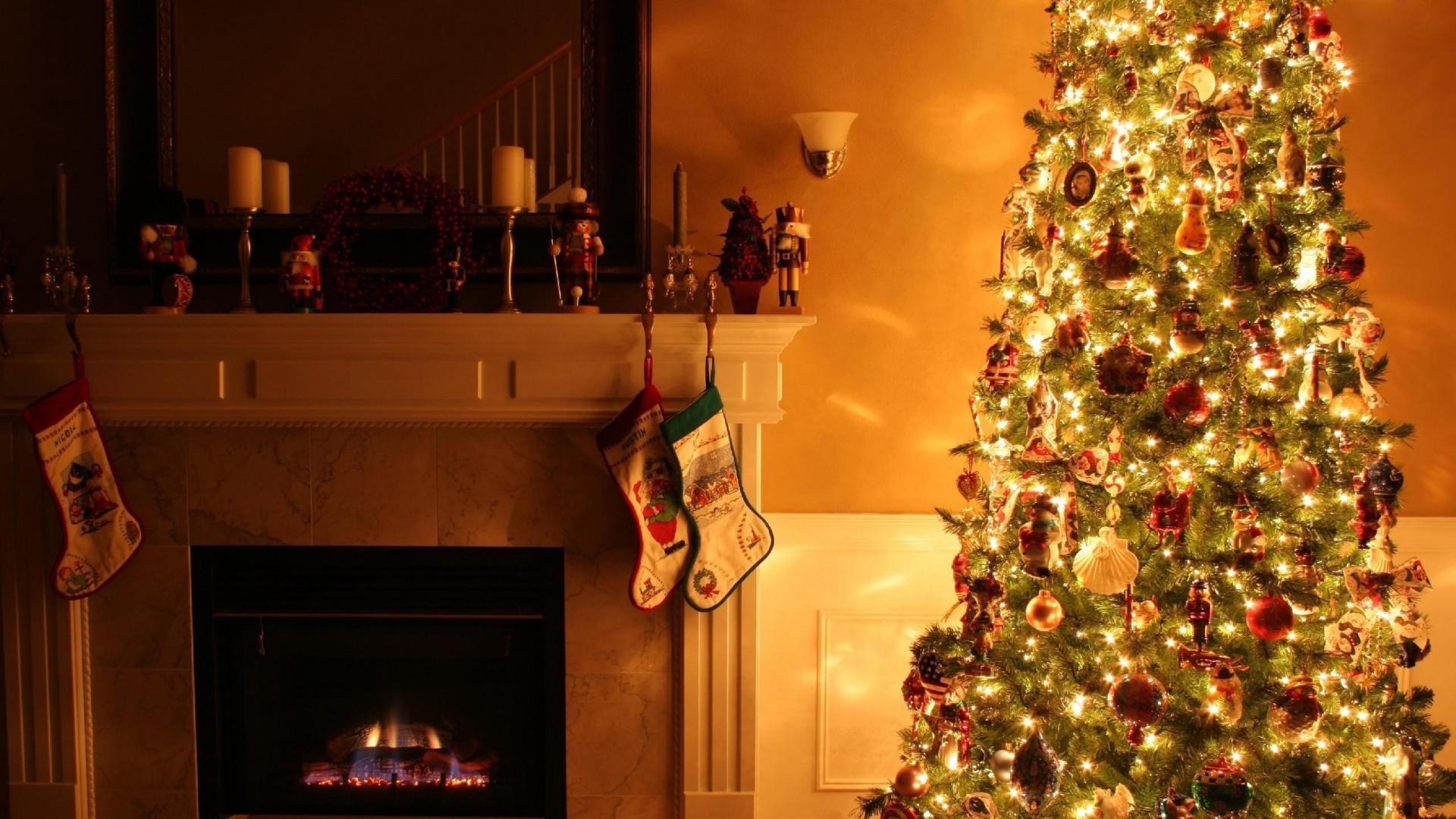 Download Wallpaper 1920x1080 christmas tree, fireplace