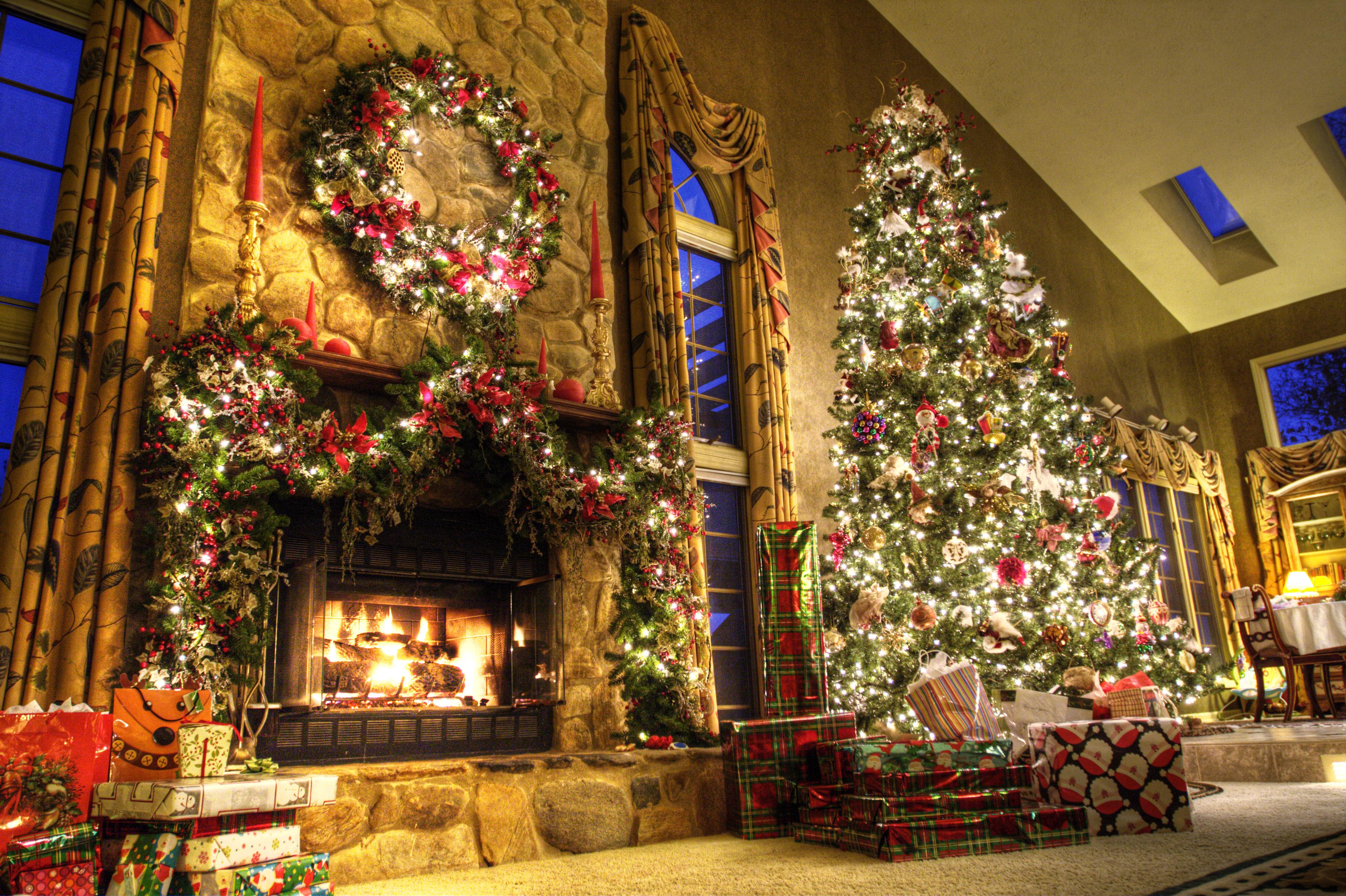 Toys, Lights, Christmas Tree, Fireplace, Room Wallpaper