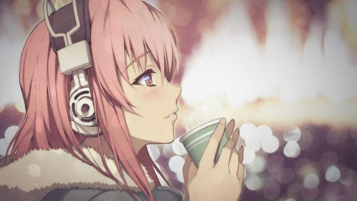 Nitroplus Super Sonico pink hair profile anime girls headphones