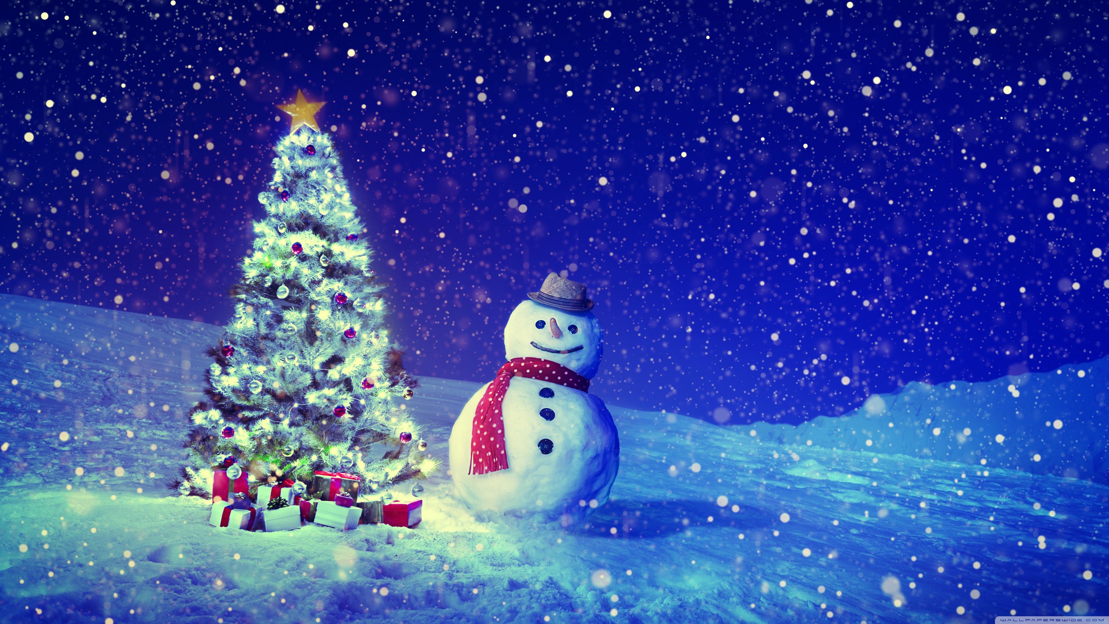 Christmas Tree, Snowman, Winter Landscape ❤ 4K HD Desktop