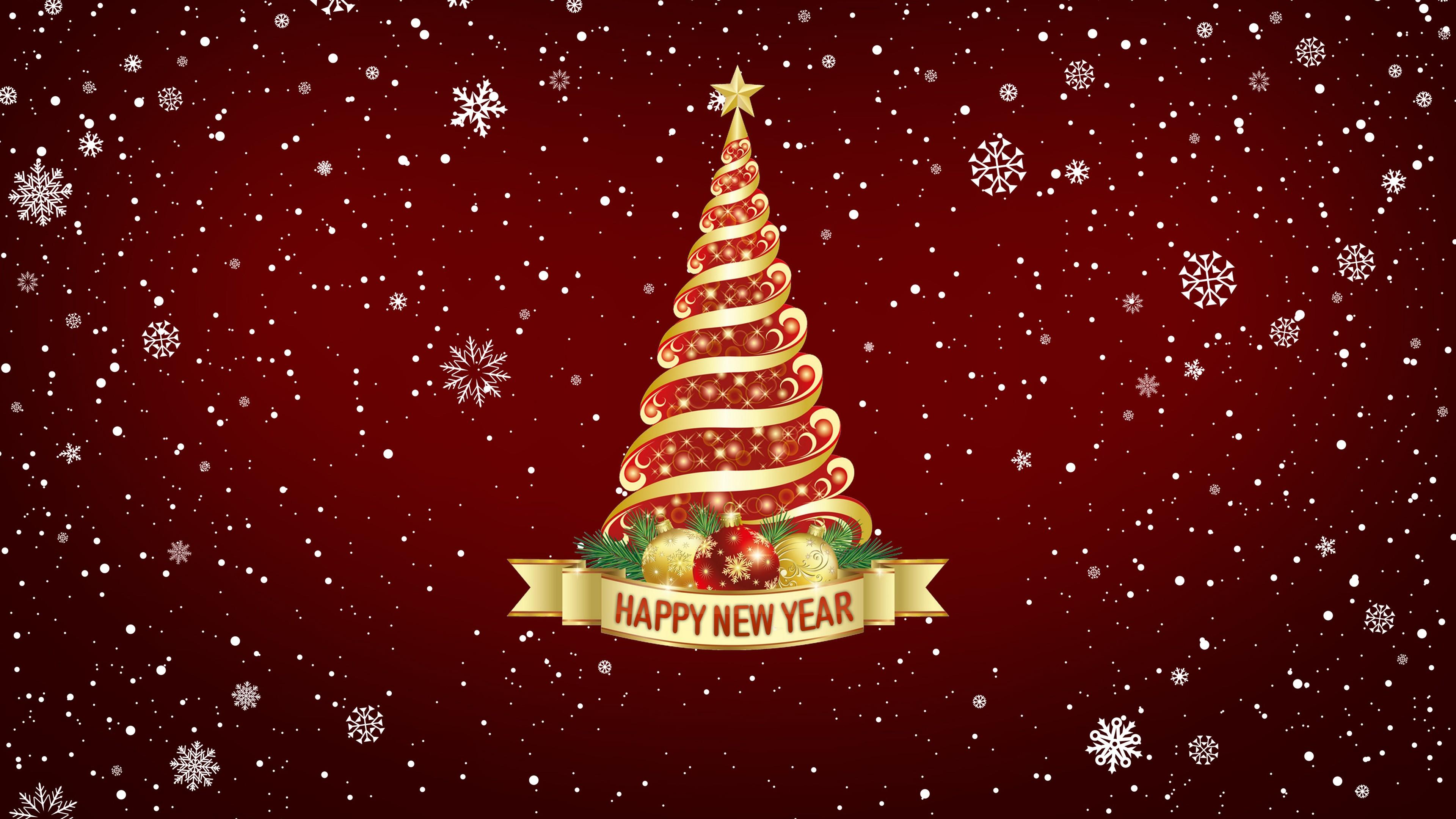 Happy New Year Christmas Tree Snowflake Backgrounds 4K