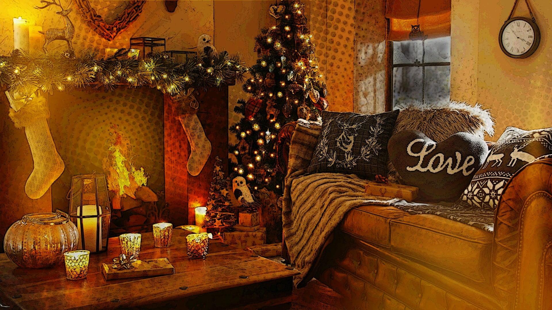Christmas tree, sofa, fireplace and coffee table, fireplace