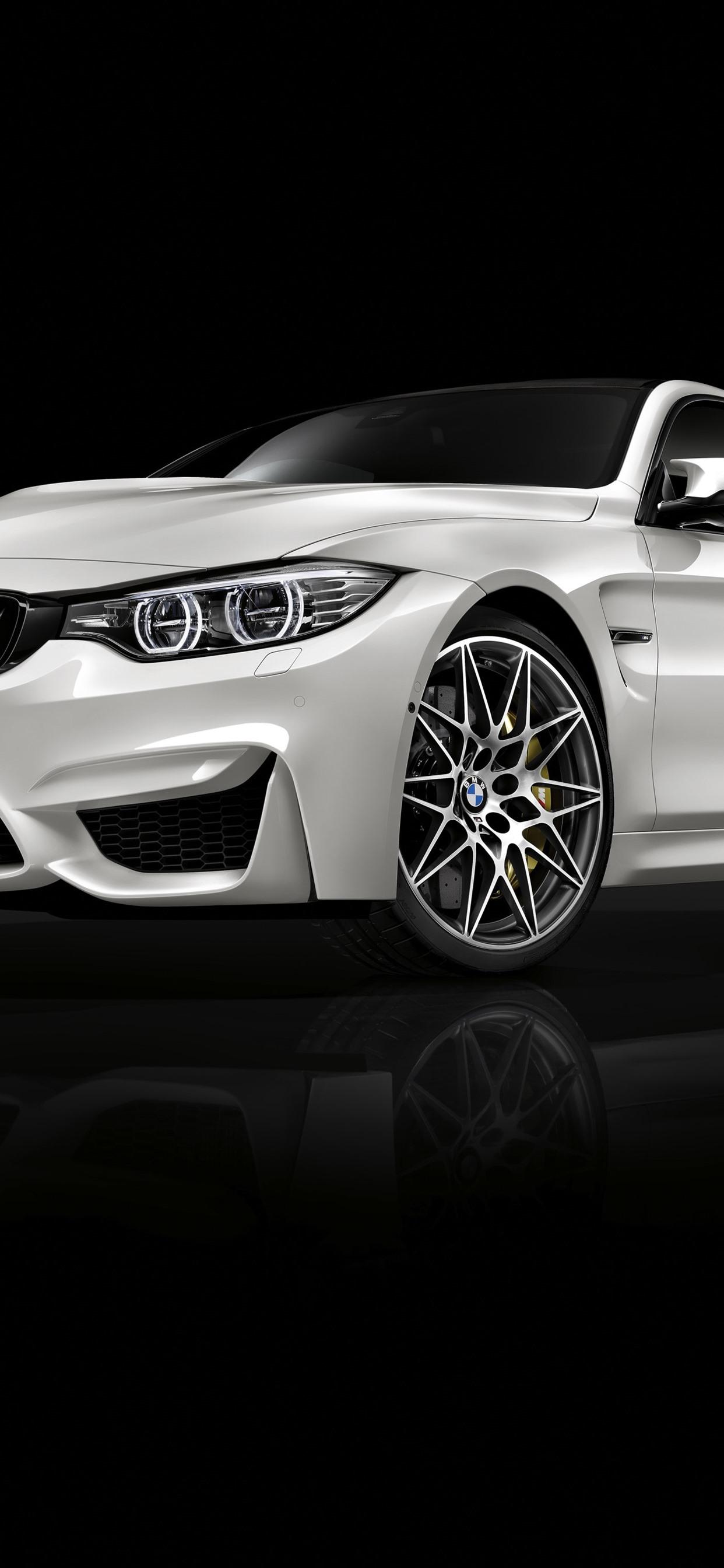 BMW M4 white car front view, black background 1242x2688