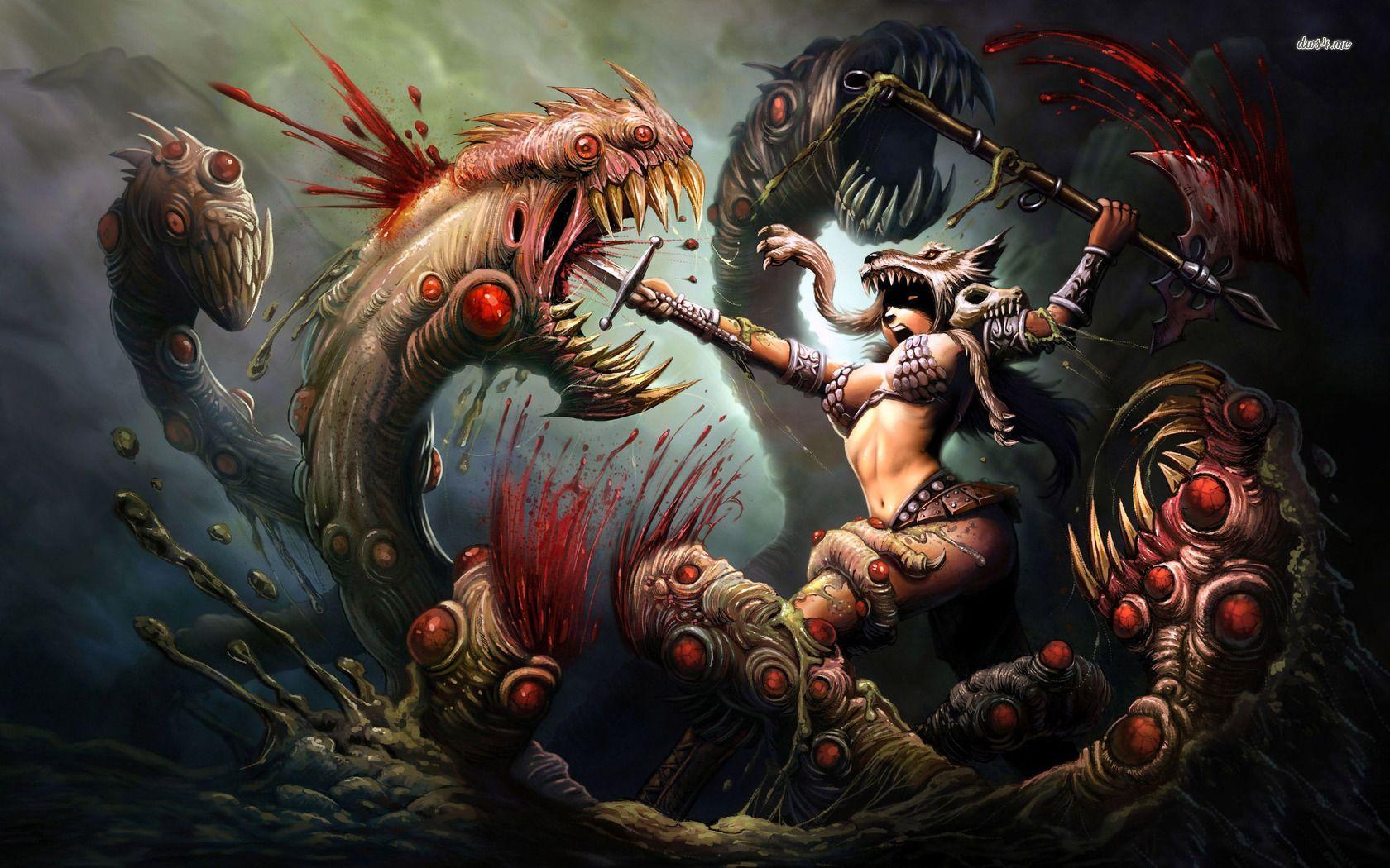 Woman warrior battling the three headed monster. Fantasy