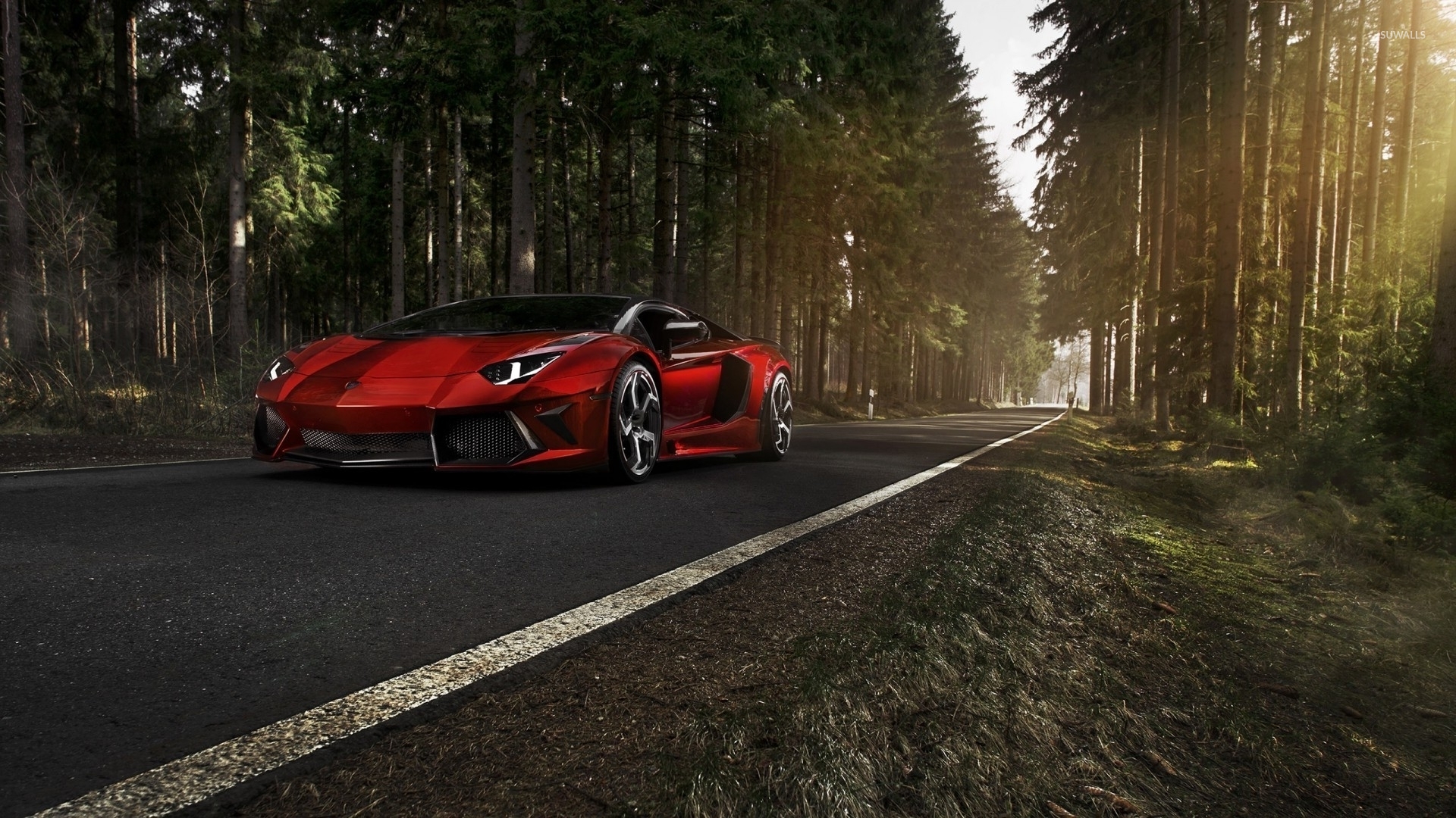 Red Lamborghini Aventador On A Forest Road Wallpaper