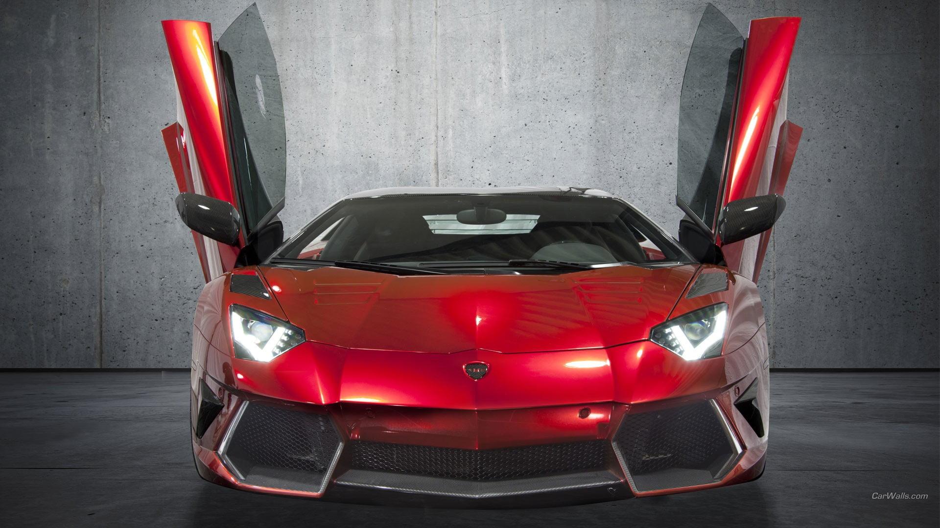 Red and black Honda Civic sedan, Lamborghini Aventador, car