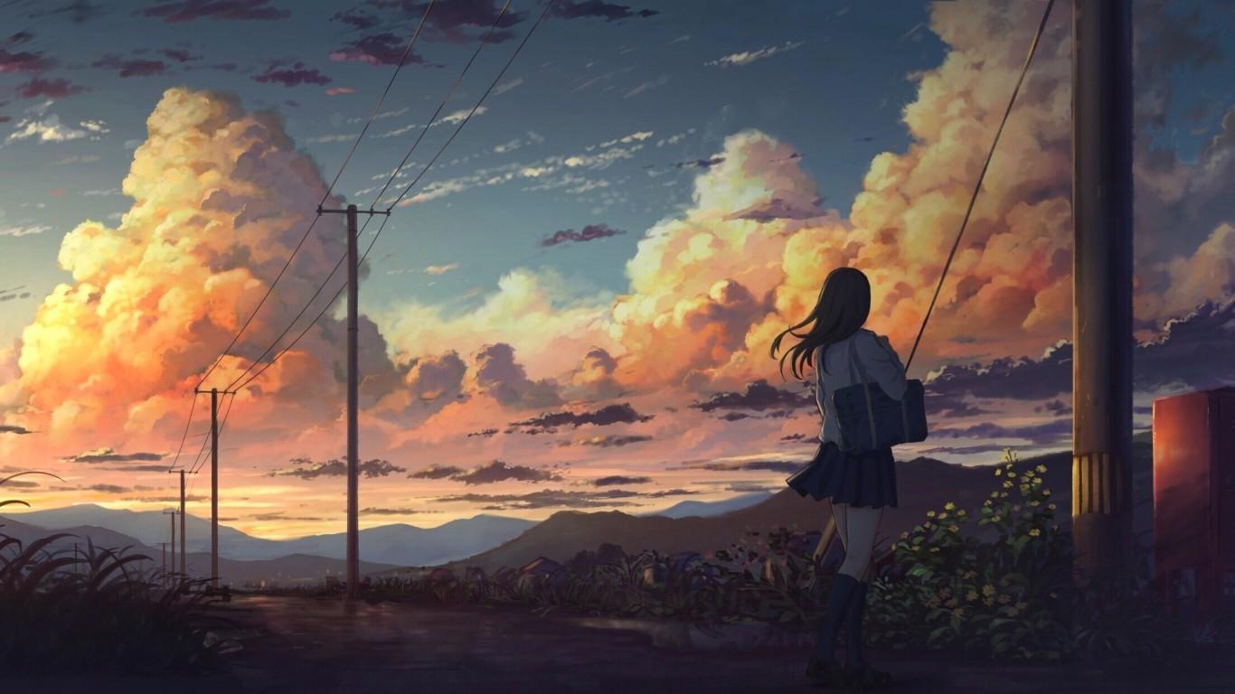 Download 1366x768 Anime Landscape, Anime Girl, Clouds, Scenic, Sky