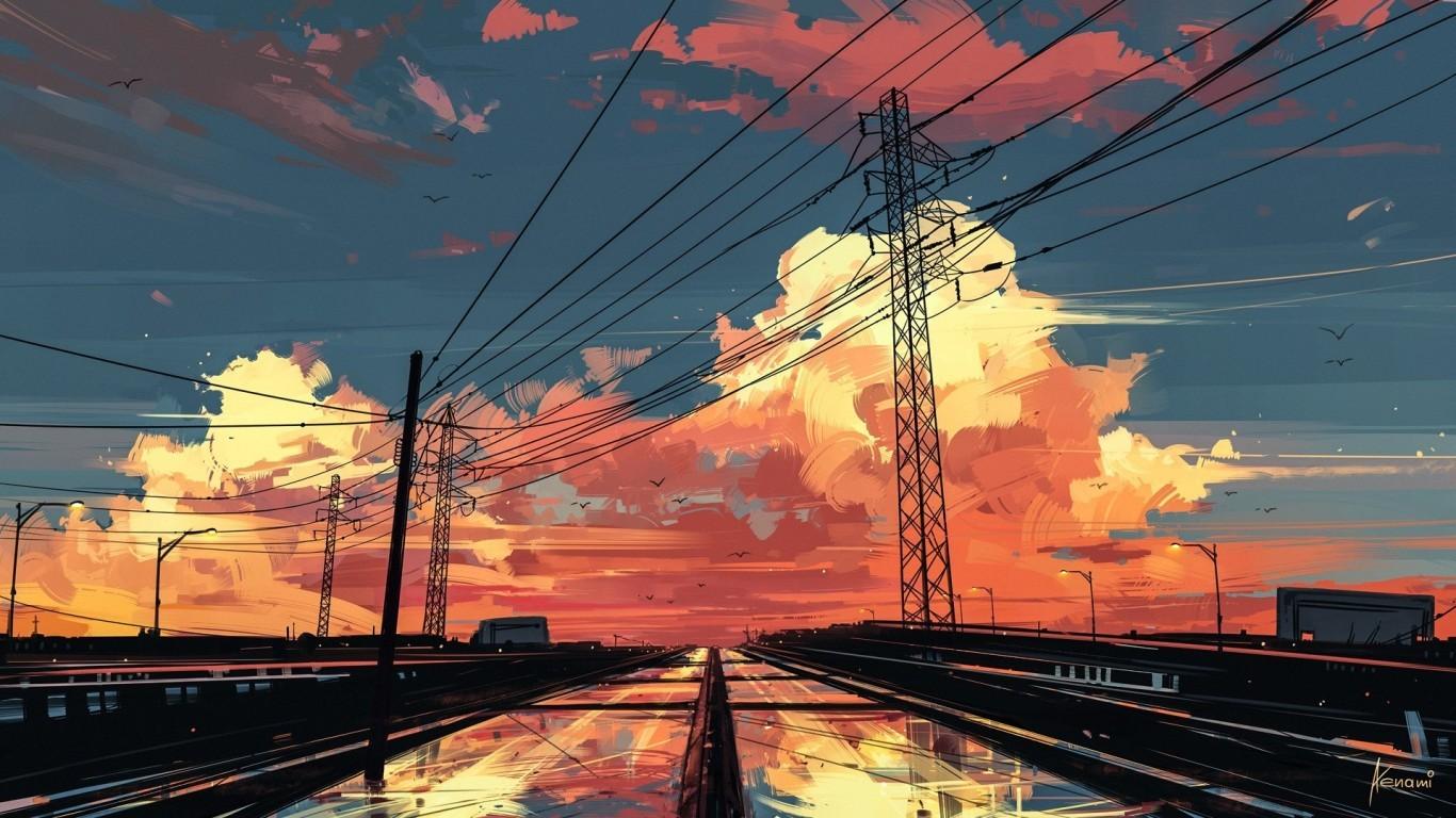 Download 1366x768 Anime Landscape, Sunset, Sky, Painting