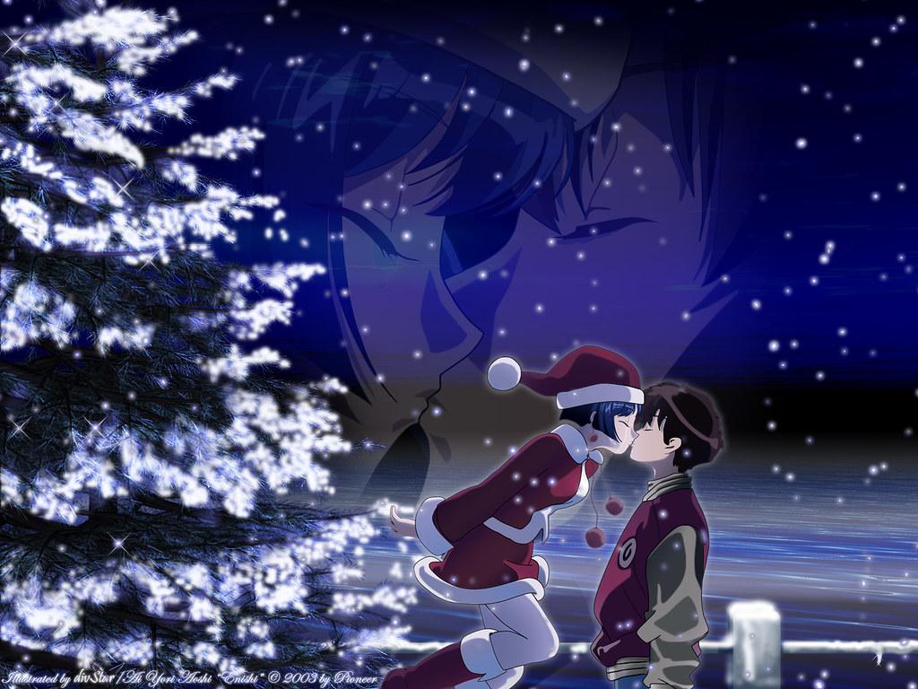 Merry Christmas Anime Girl Boy Night Kiss HD Wallpaper
