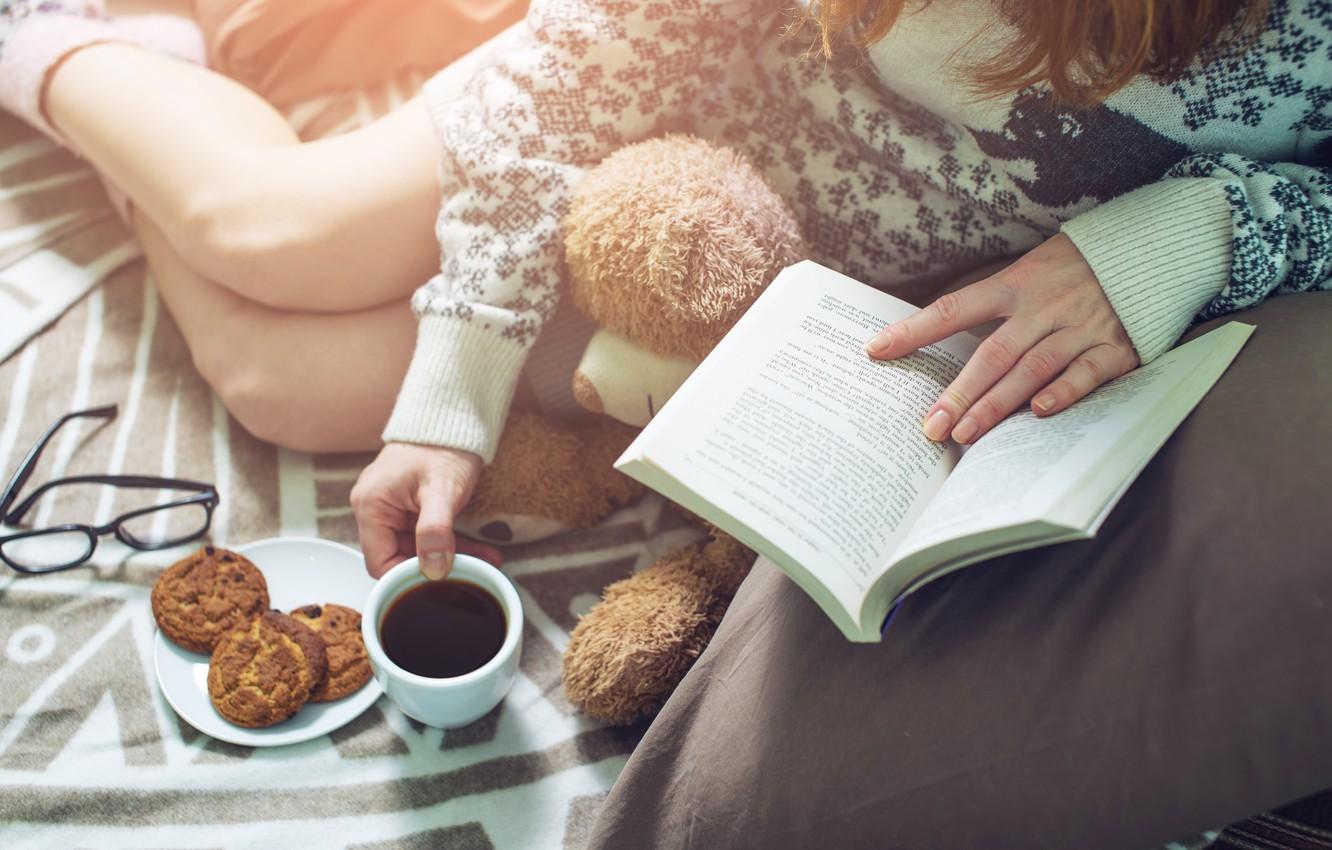 Wallpaper girl, coffee, cookies, Girl, Cup, bed, book, book