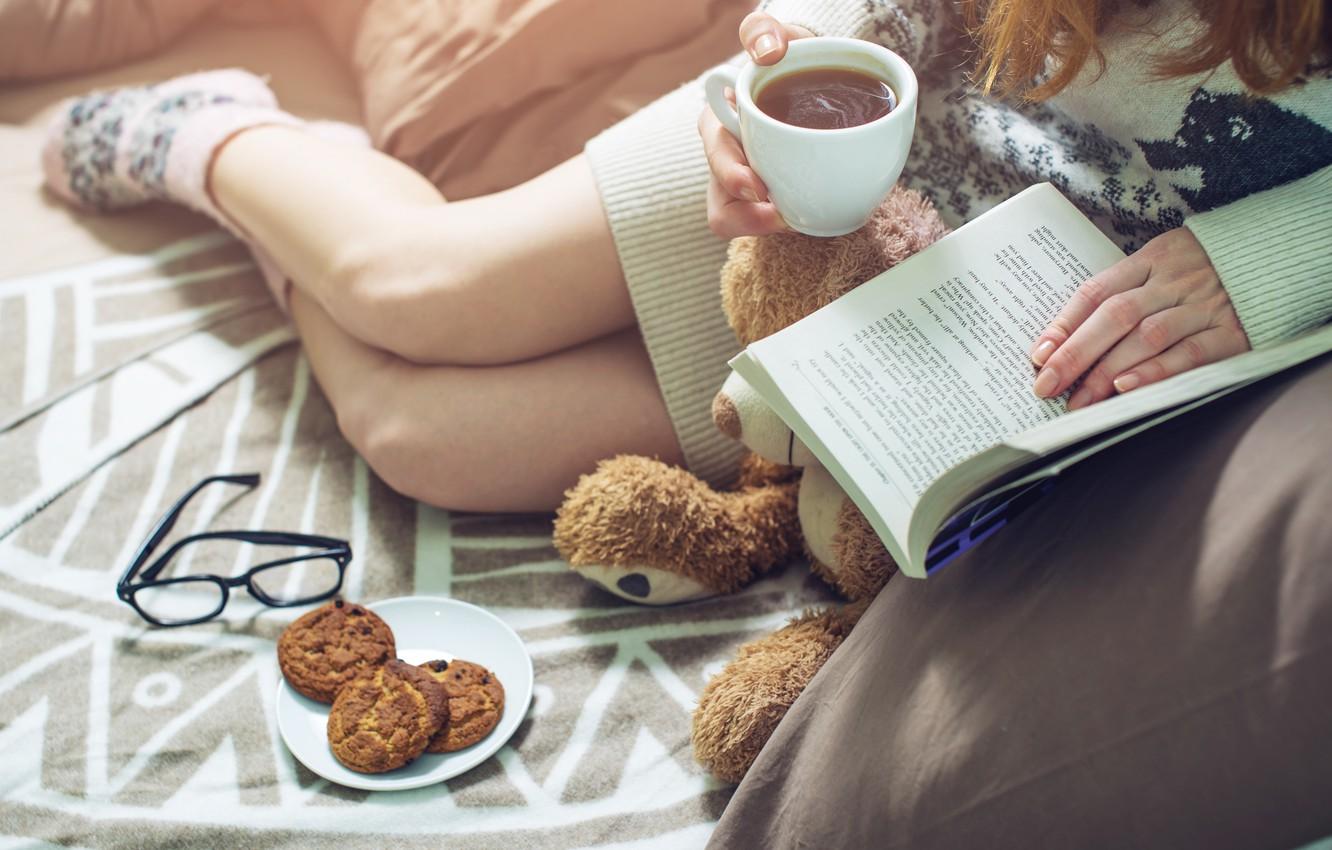 Wallpaper girl, coffee, cookies, Girl, Cup, bed, book, book, bed