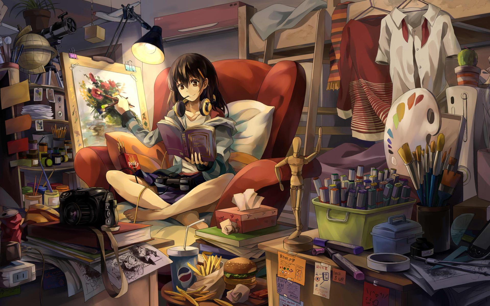 Girl reading while painting free desktop background