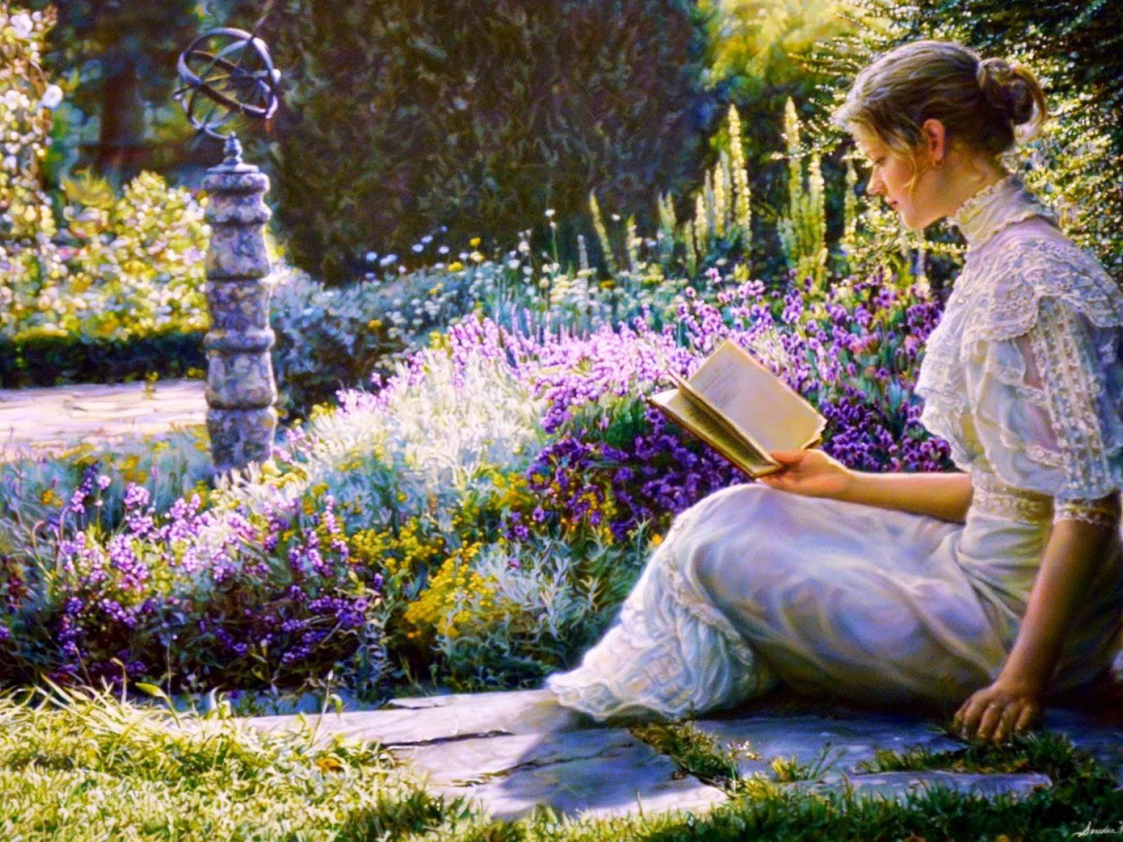 Woman Reading Book Garden desktop PC and Mac wallpaper