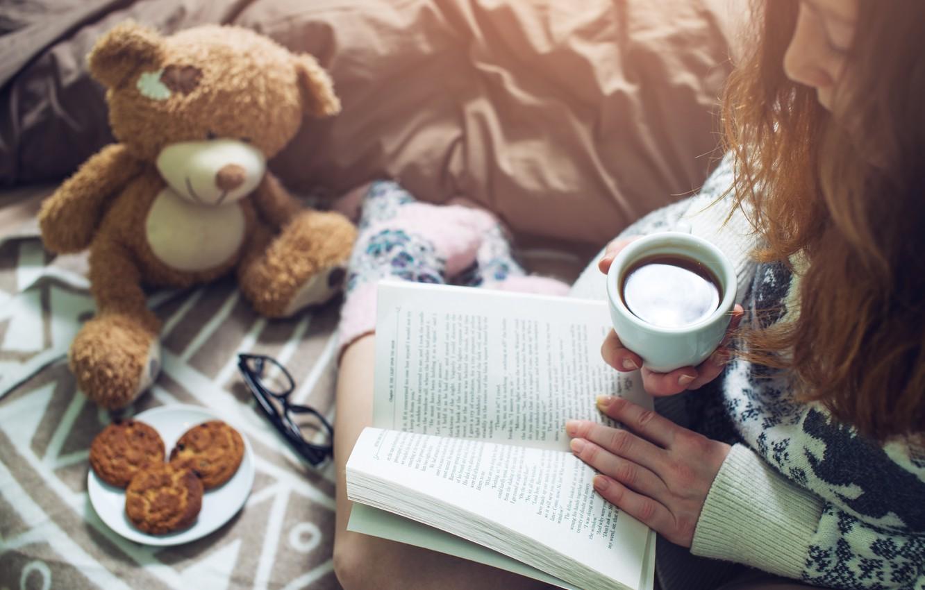 Wallpaper girl, coffee, cookies, Girl, Cup, bed, book, book