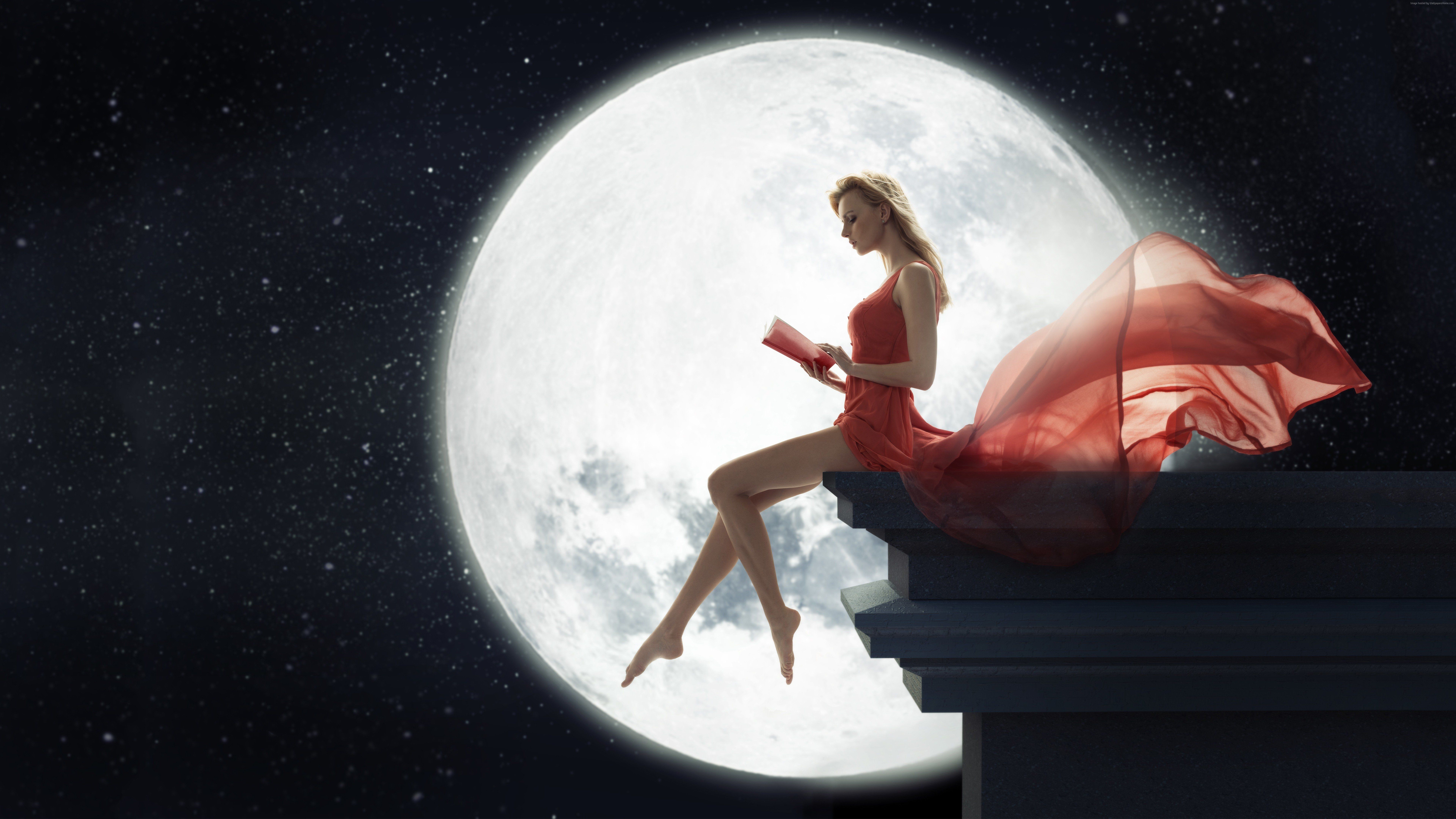 Fantasy Girl Red Dress Reading Book Moon. The best