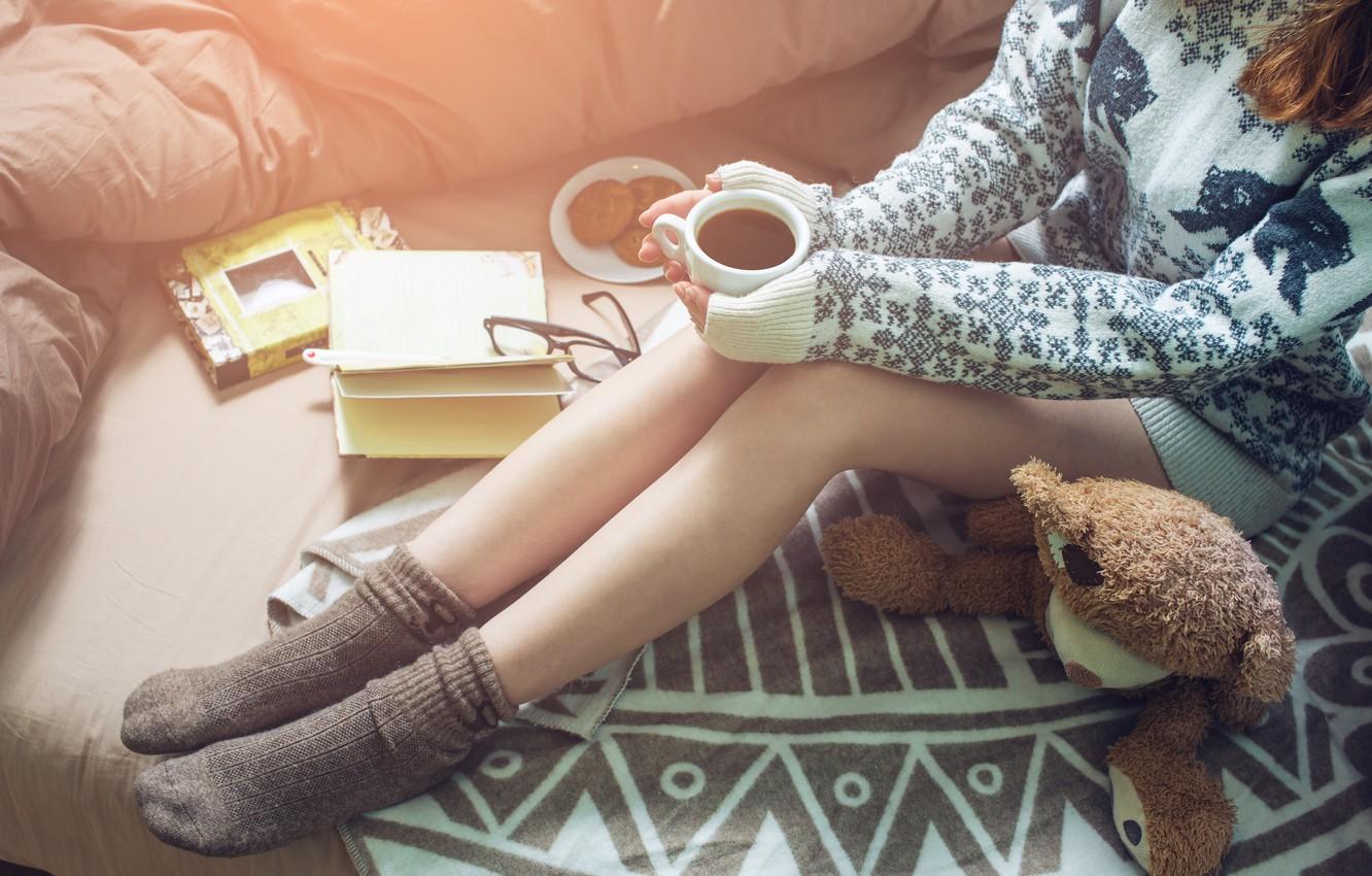 Wallpaper girl, coffee, cookies, Girl, Cup, bed, book, book