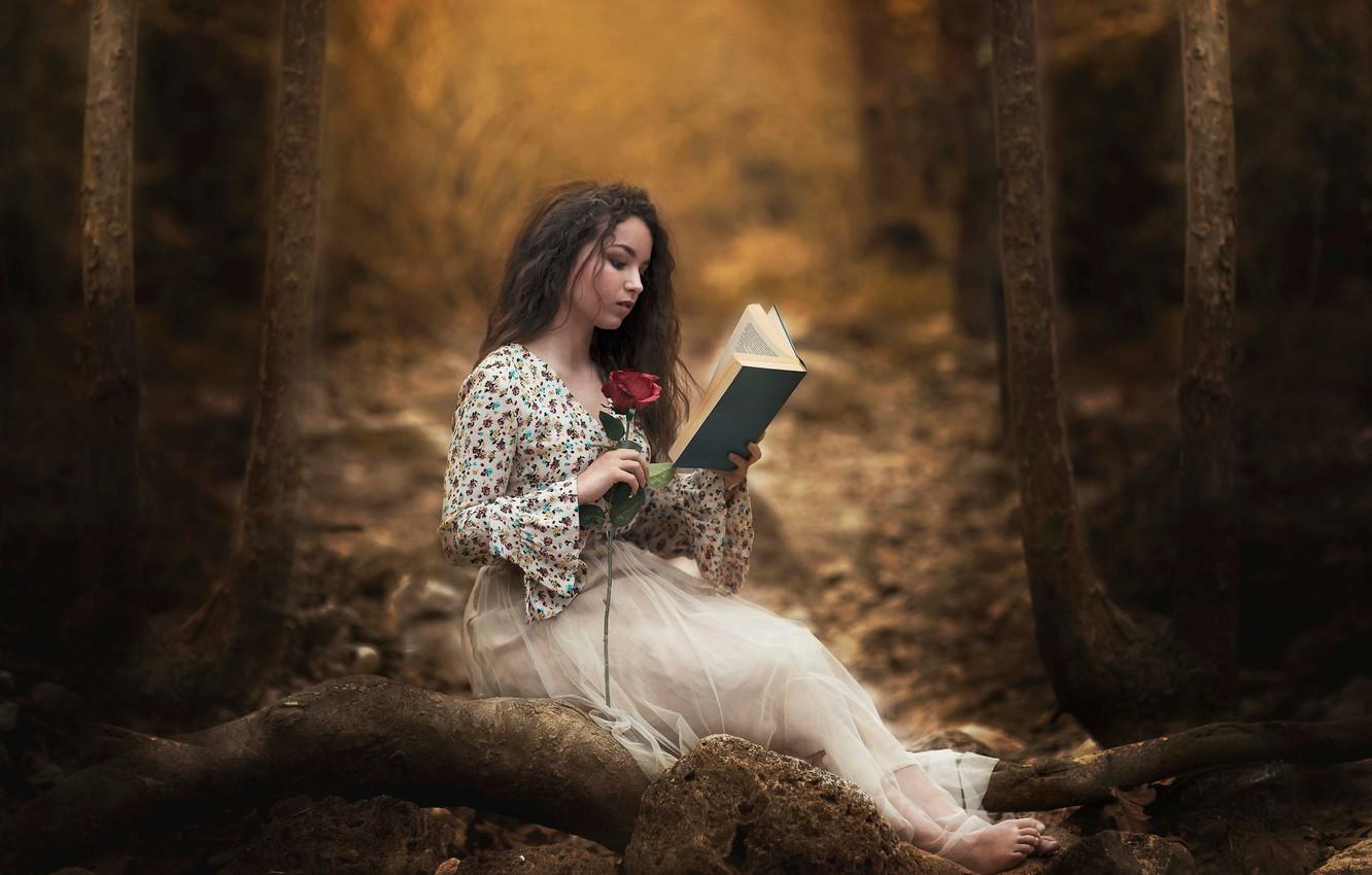 Wallpaper forest, girl, rose, book, reading, Carmen Gabaldon