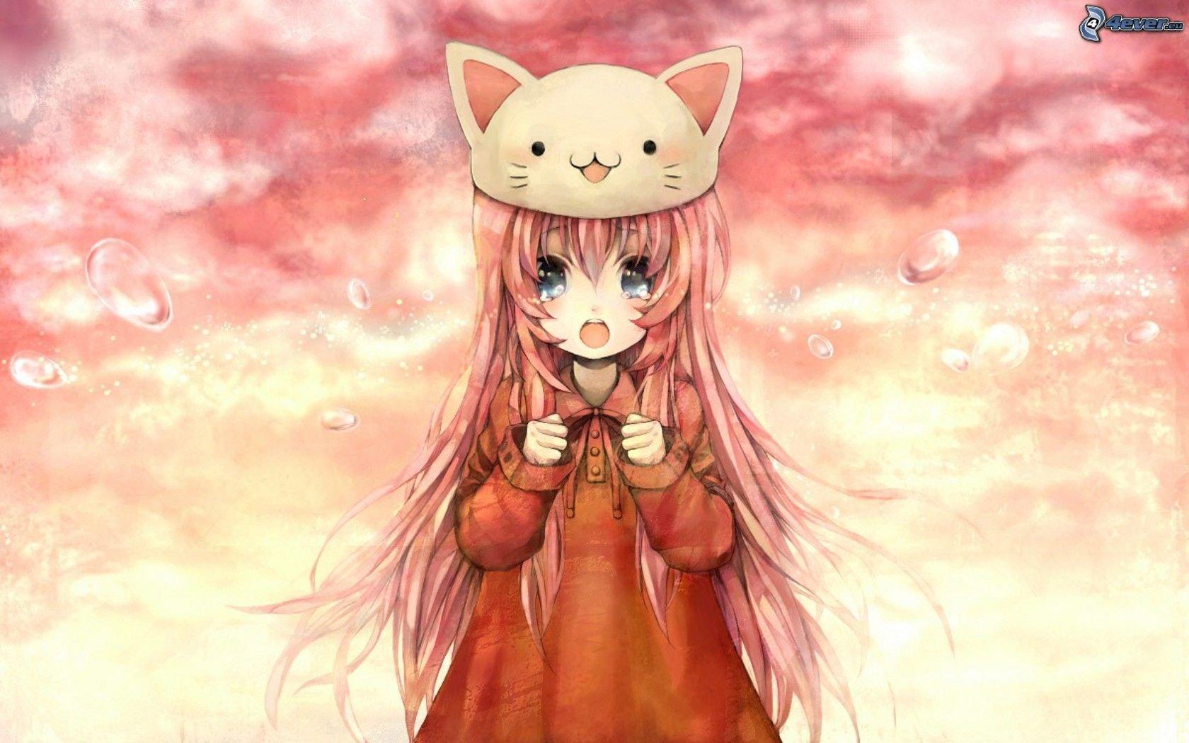 anime, Girl, Orange, Hair, Blue, Eyes, Cat, Hat, Crying Wallpaper HD / Desktop and Mobile Background