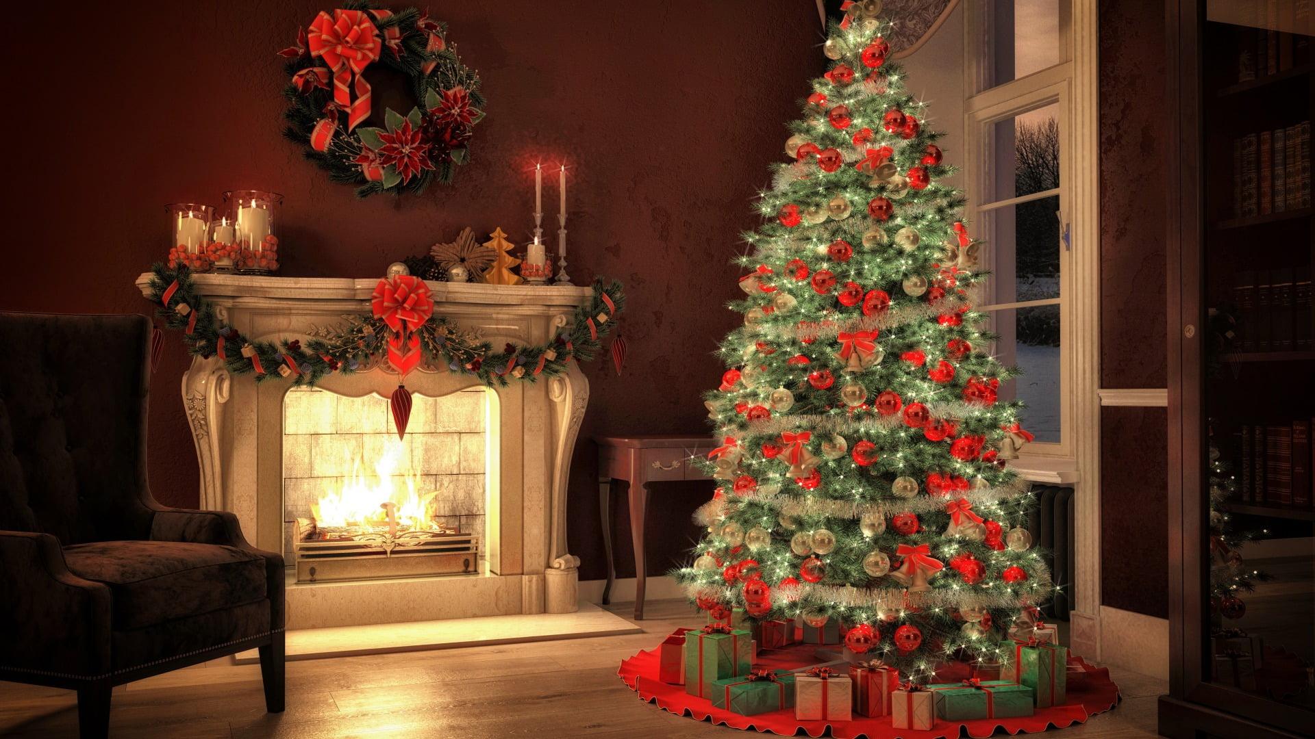 Green Christmas tree and Christmas ornament lot, Christmas