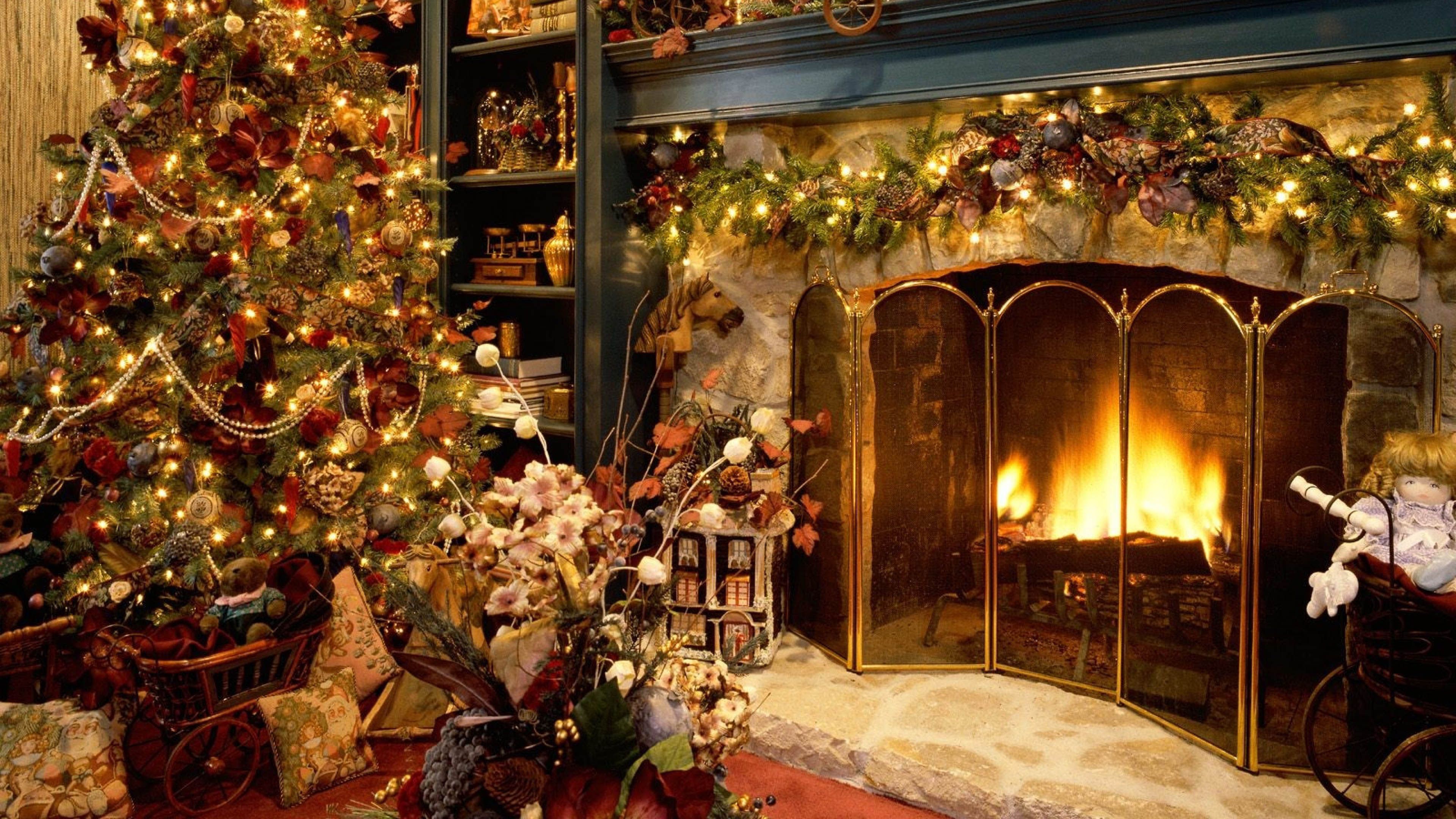 Christmas Fireplace 3840x2160 wallpaper. Christmas tree