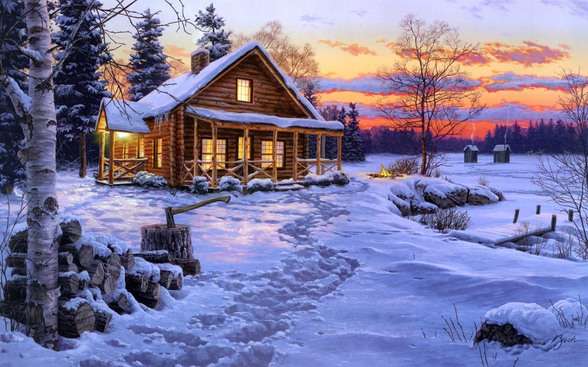 Snowy Christmas Log Cabin Wallpaper at