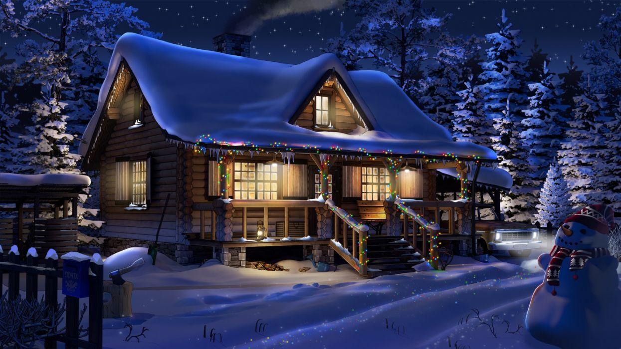 Cabin Christmas Lights Night Snow Snowman Winter wallpaperx1080