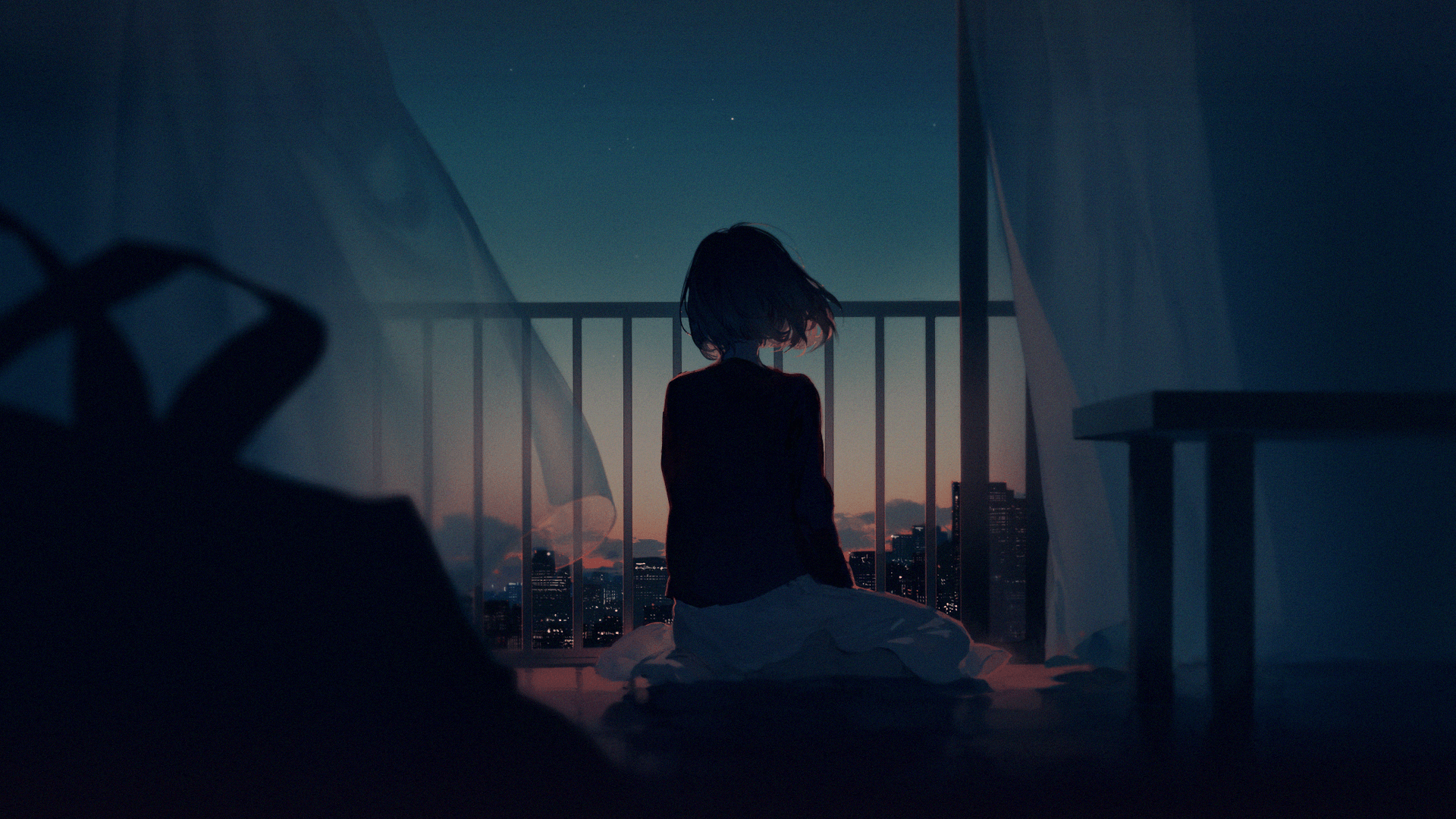 Anime Wallpaper 1920x1080 digital art, artwork, women, cityscape, balcony, short hair, barefoot, anime gi. Anime wallpaper 1920x Anime background, Alone girl