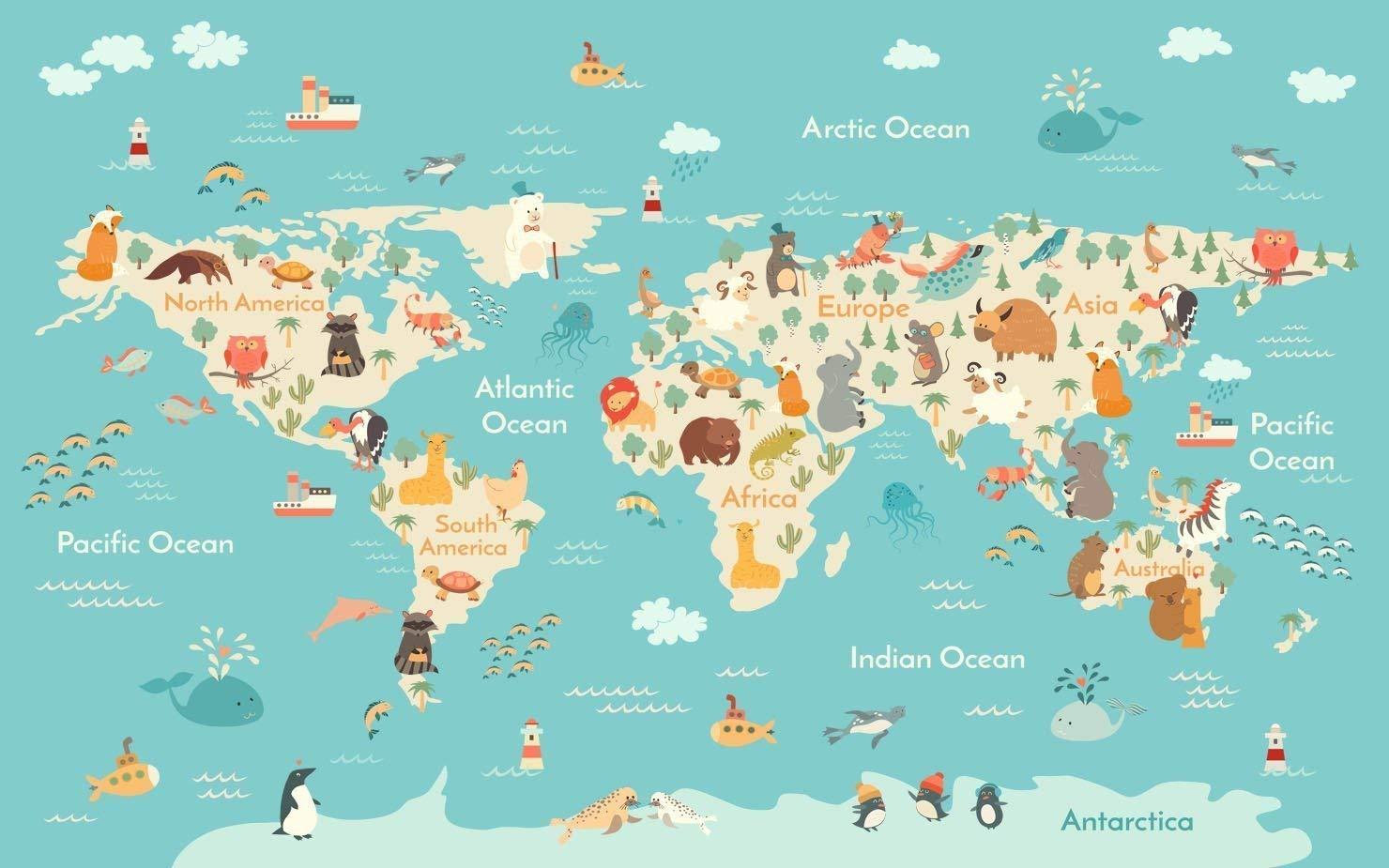 World Map with Ocean Animals Wallpaper for Kids