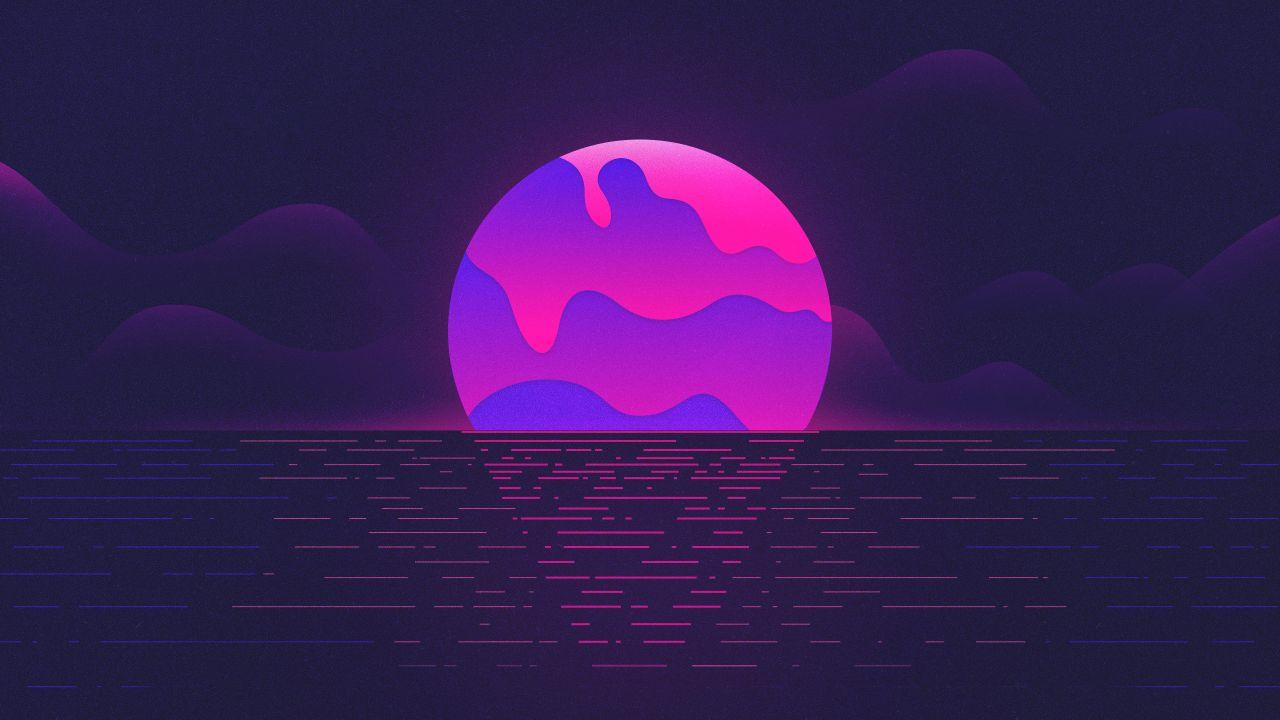 Wallpaper Sunset, Moon, Neon, Purple, HD, Creative Graphics