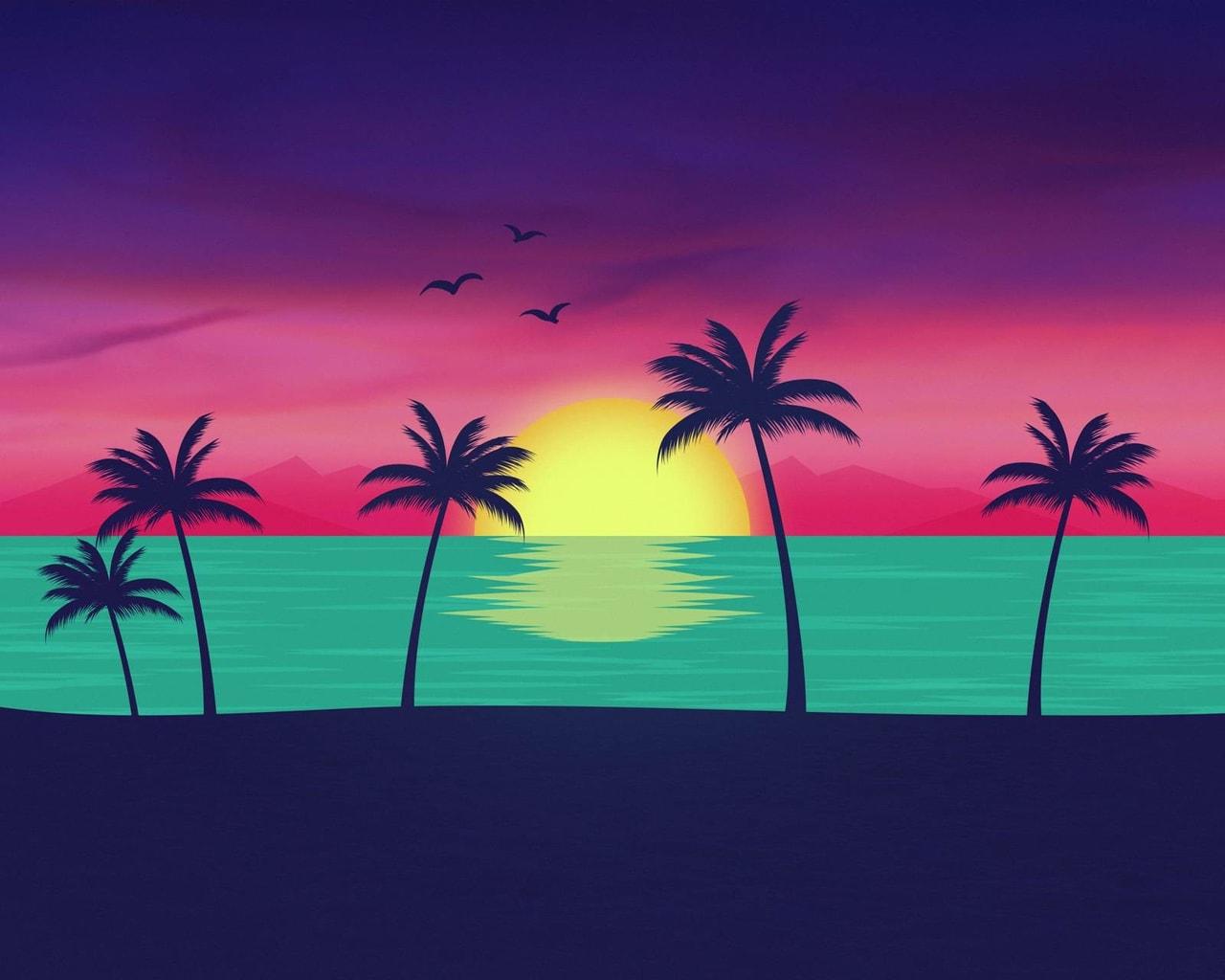 Cool Retro Looking Neon Beach Sunset Wallpaper Background