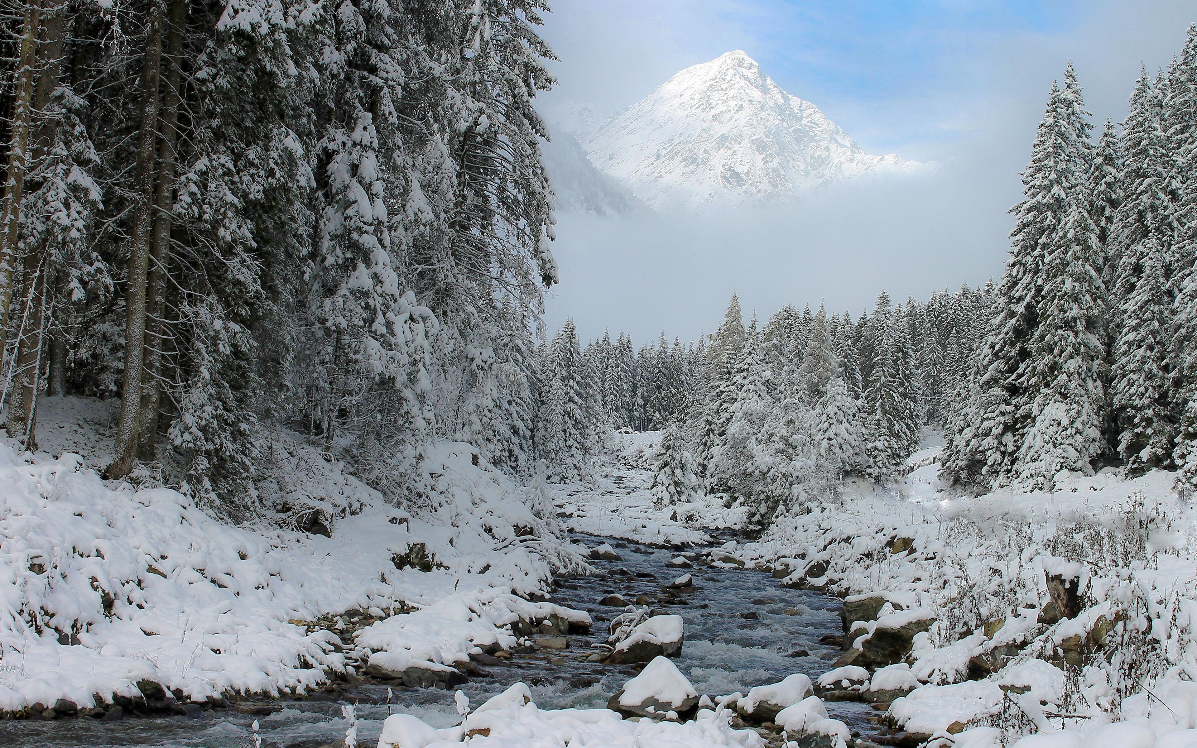 Desktop Wallpaper Nature Stream Winter Snow Forests 3840x2400