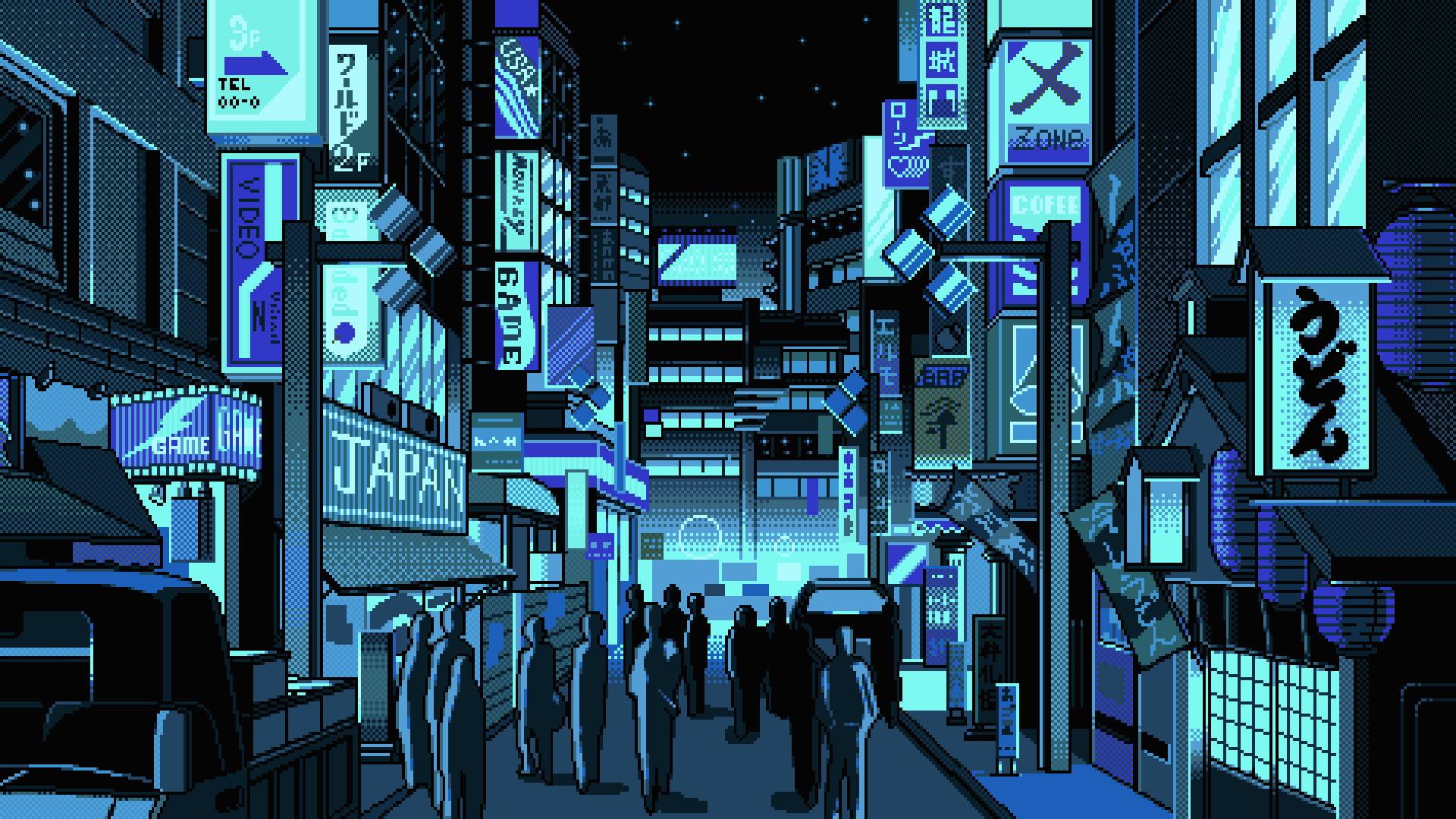 Japan buildings animated illustration, Japan, pixel art, street