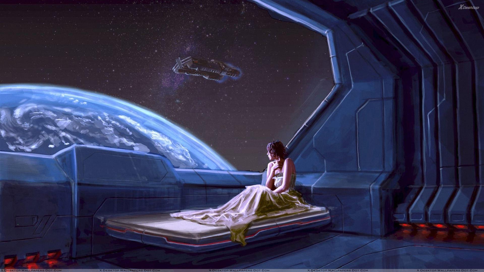 Alone Girl Sitting In A Spaceship Wallpaper