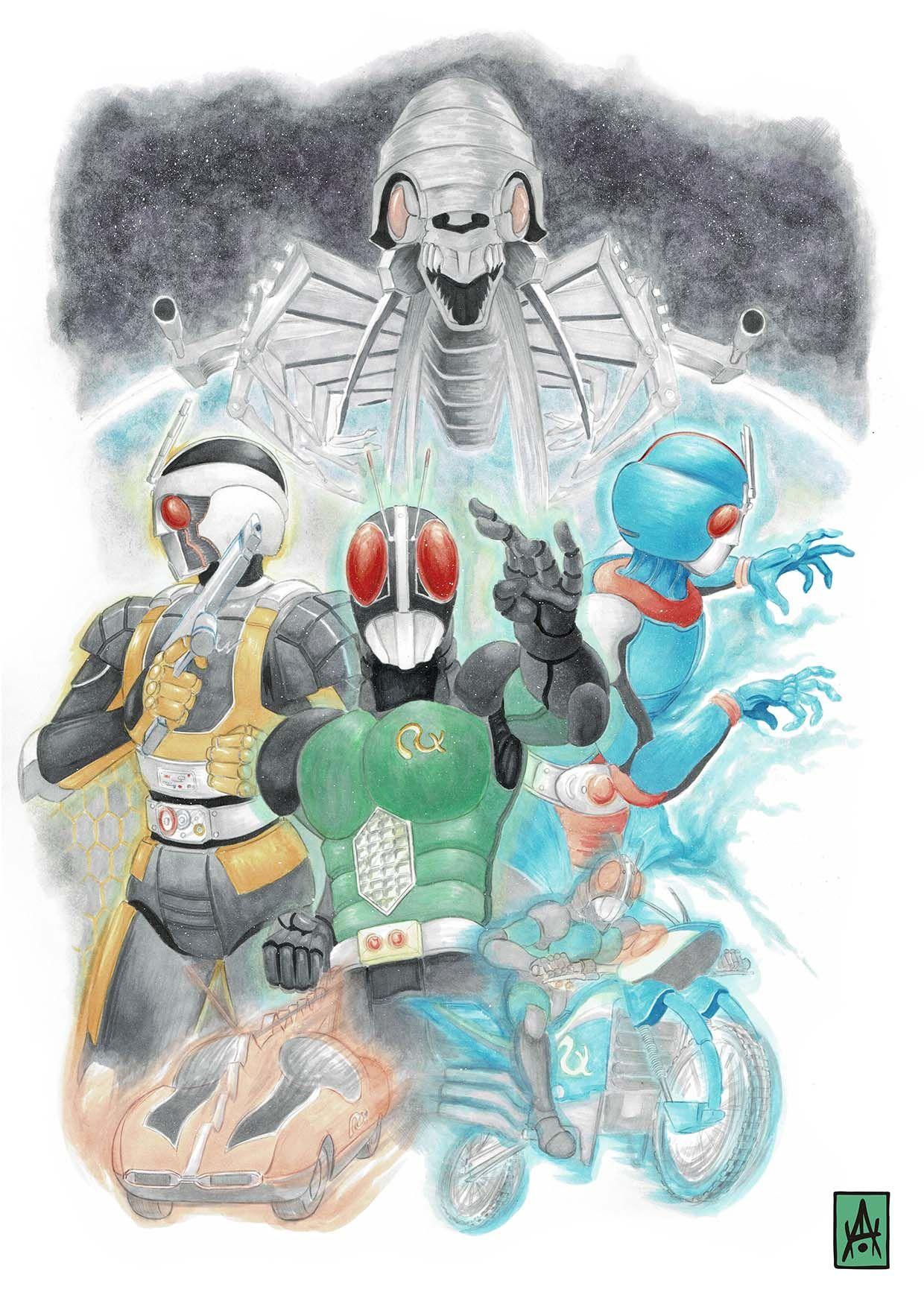 Hand coloured artwork) Poster com Robo Rider, Bio Rider e