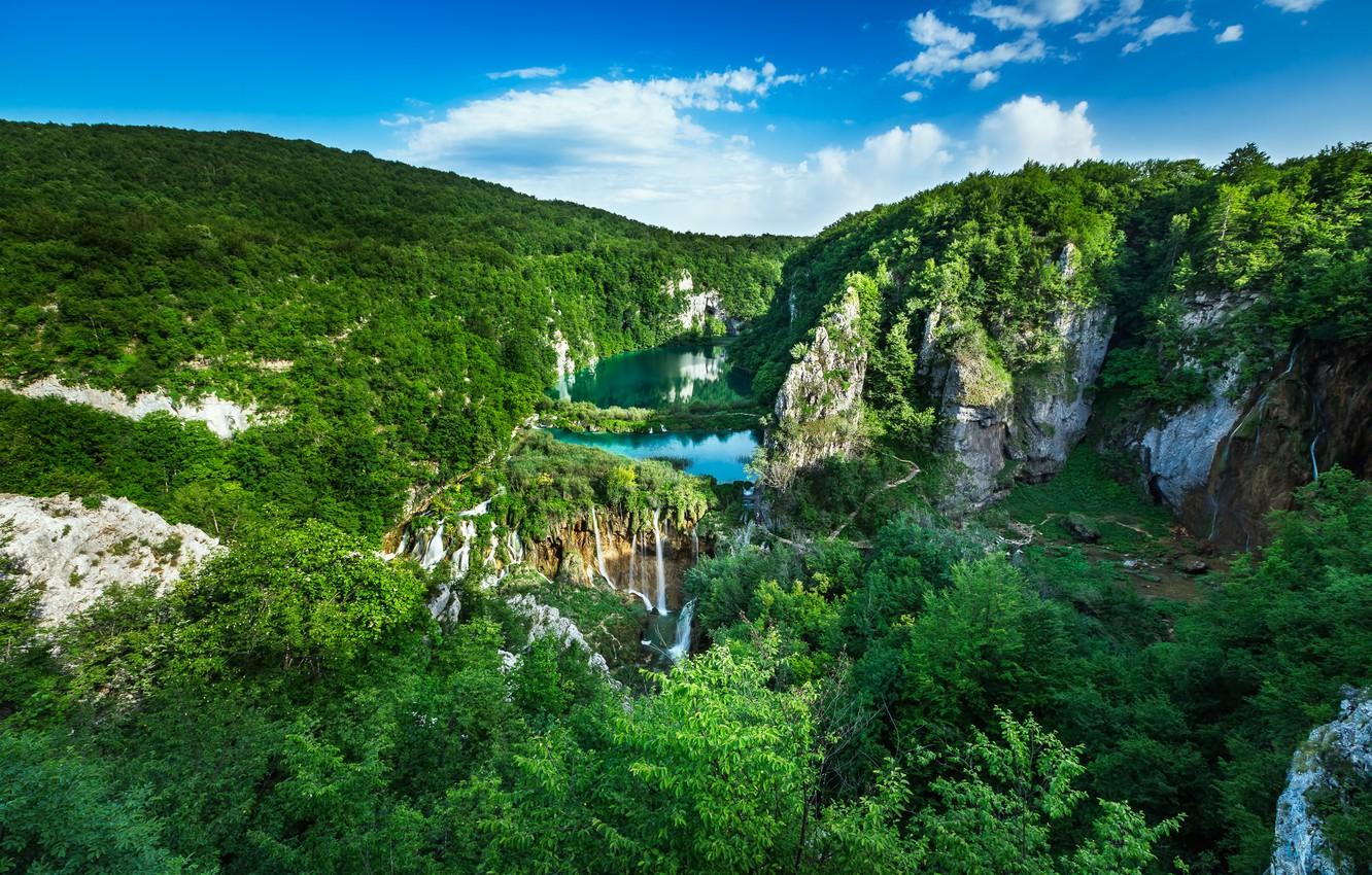 Wallpaper forest, landscape, rocks, panorama, waterfalls, cascade