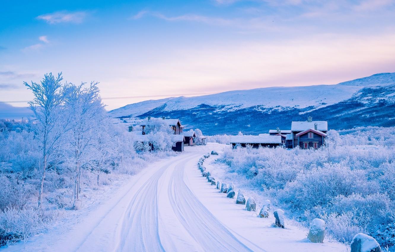 Wallpapers winter, road, snow, mountains, village, Norway