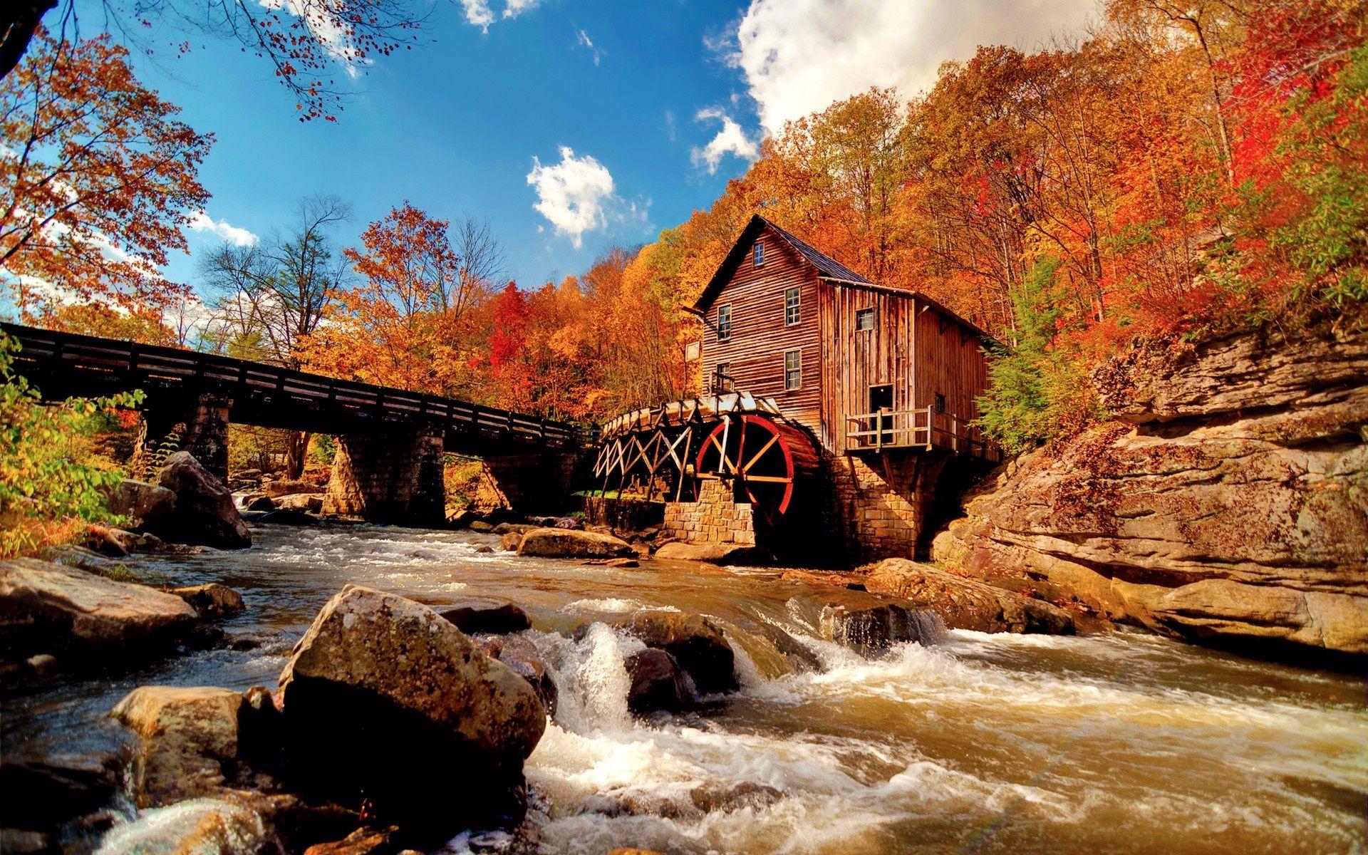 image of cute autumn houses. windows, wallpaper, watermill