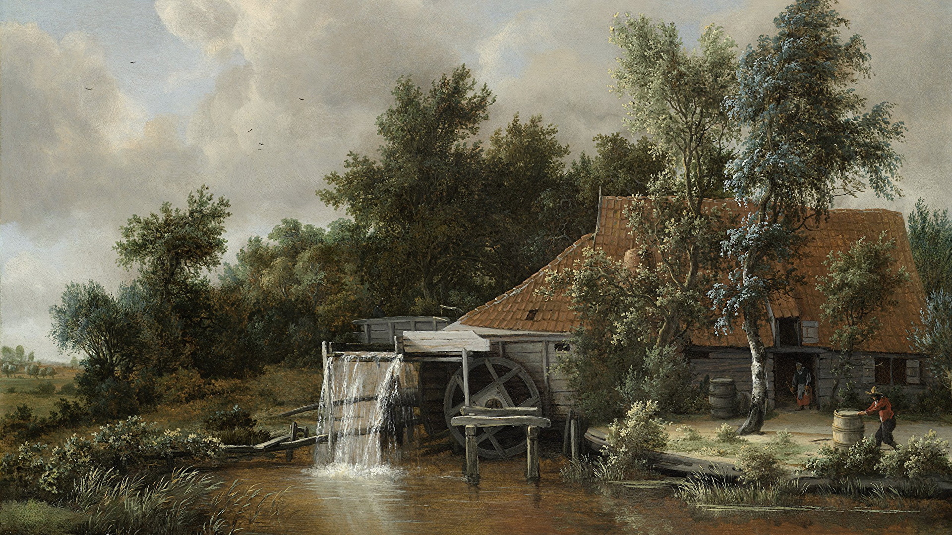 Wallpaper water mill Meindert Hobbema, A Watermill 1920x1080