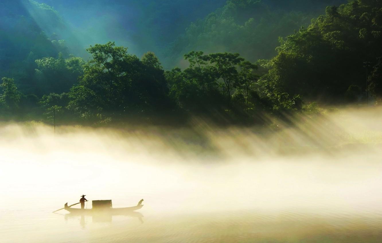 Wallpaper fog, river, boat, China, jungle, Hunan Province