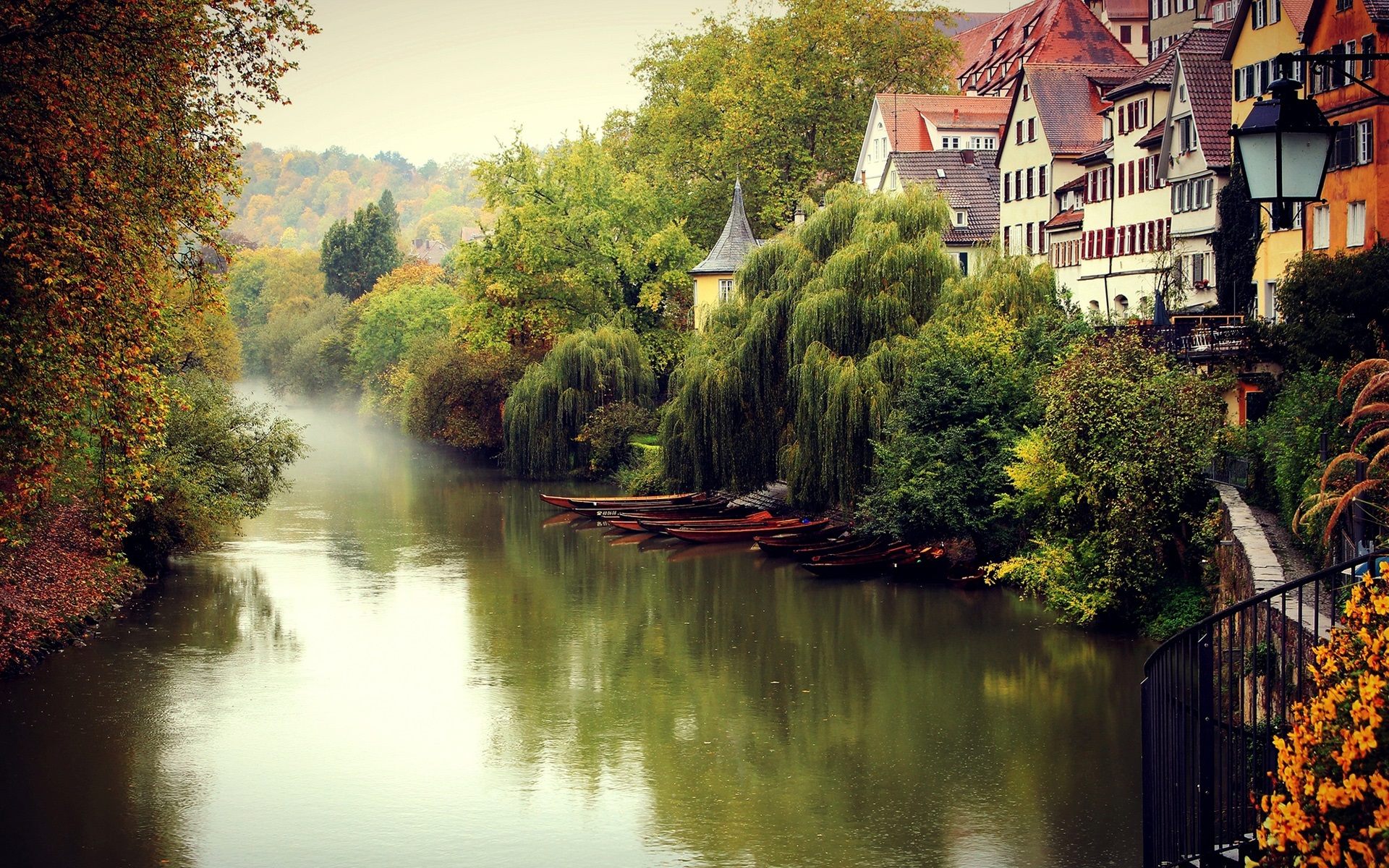 Wallpaper Germany landscape, fall, fog, river, boats, trees