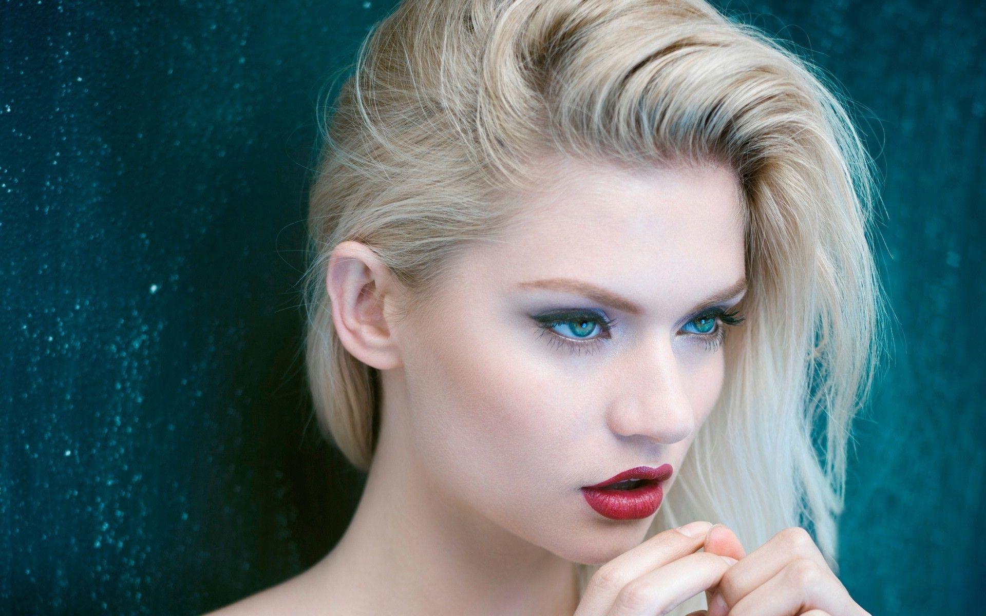 women, Blonde, Blue Eyes, Red Lipstick, Martina Dimitrova