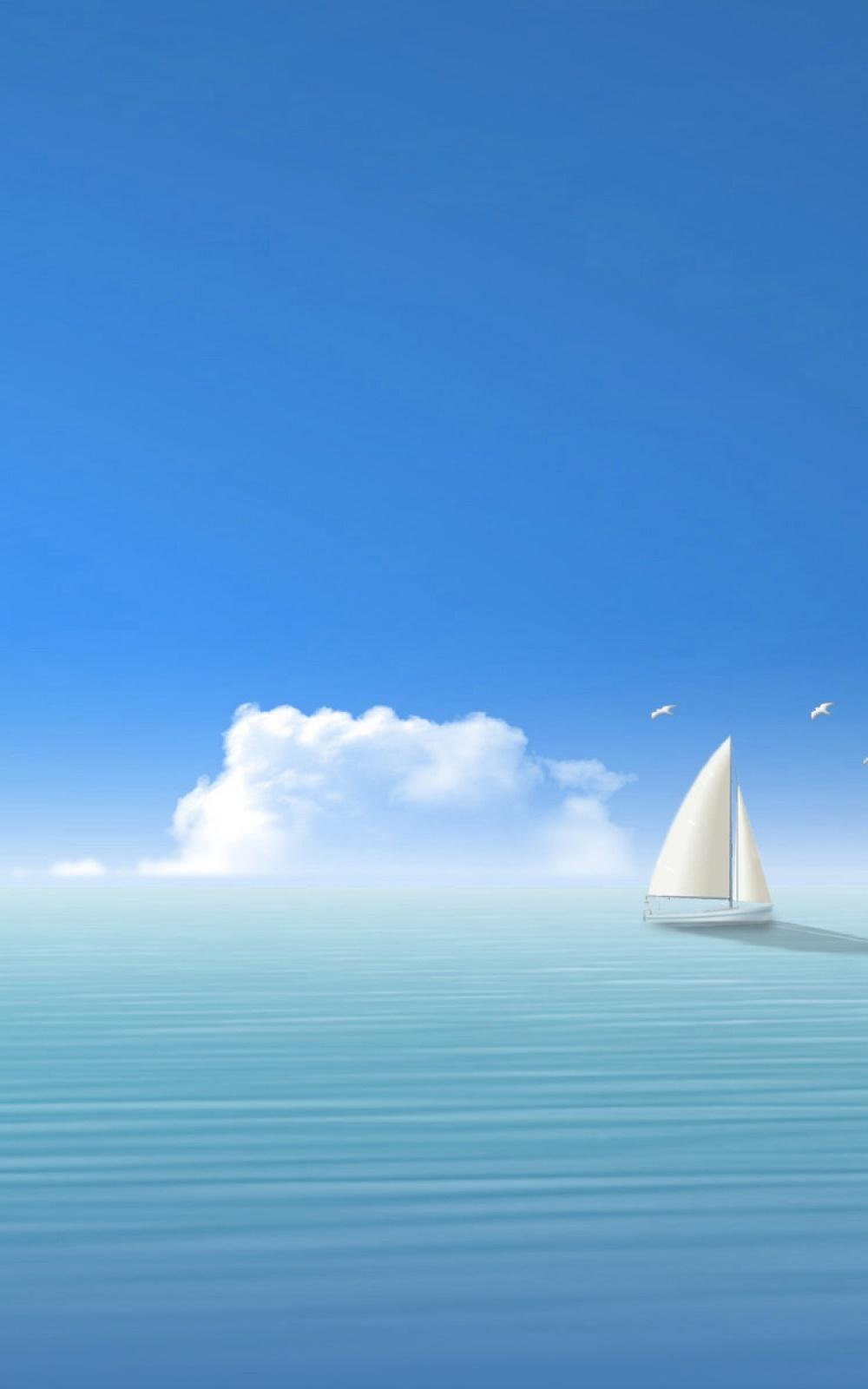 Blue Ocean Sky White Clouds Boat Android Wallpaper free download