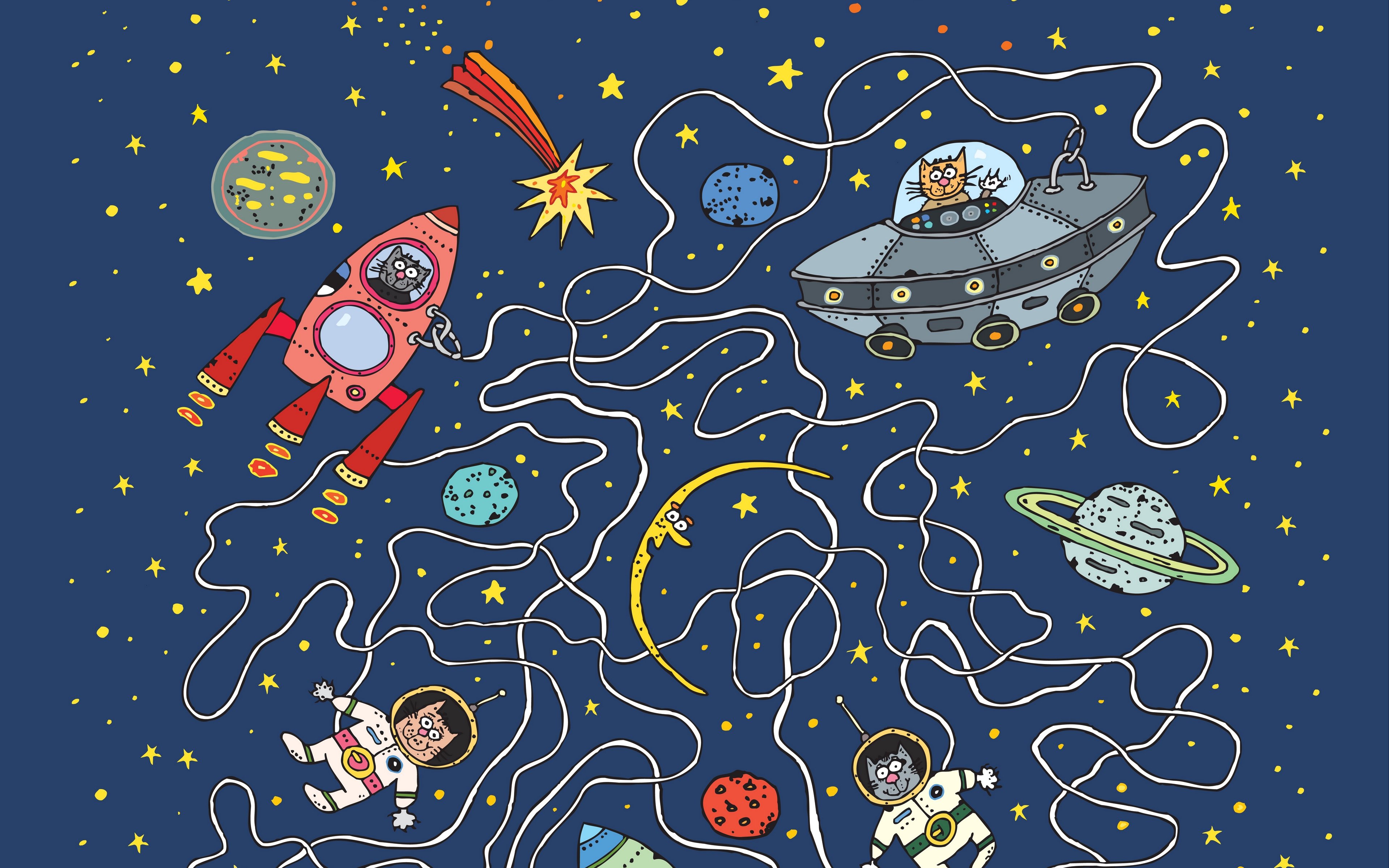 Download wallpapers 3840x2400 astronauts, cats, rocket.