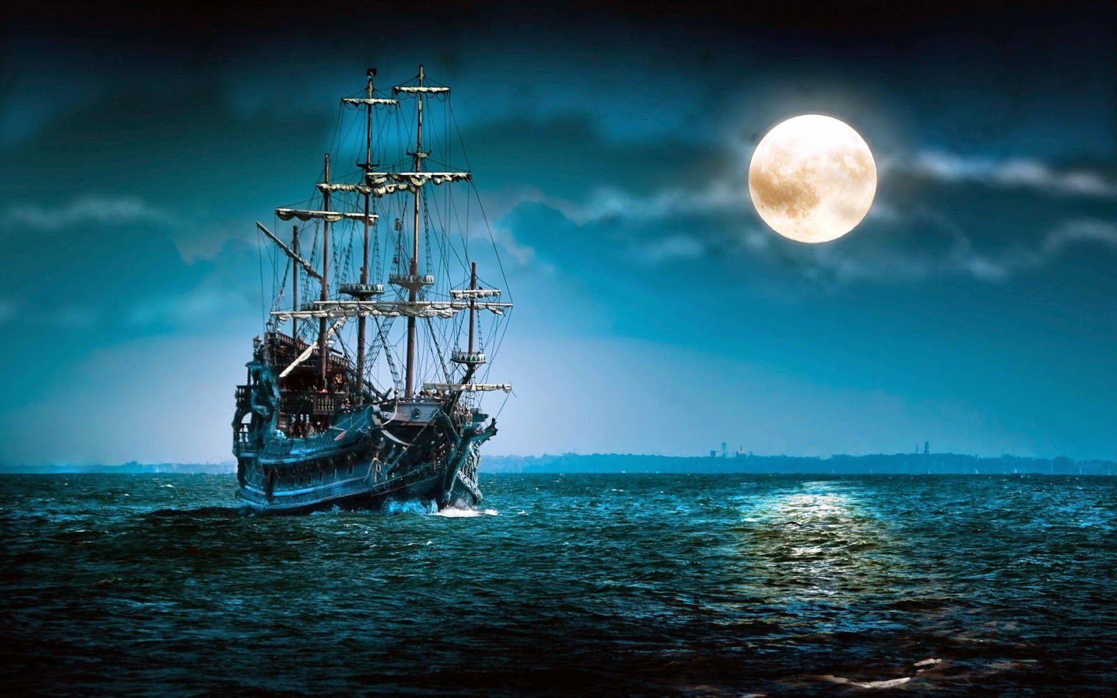 Ship in Sea Moon HD Wallpaper. Free HD
