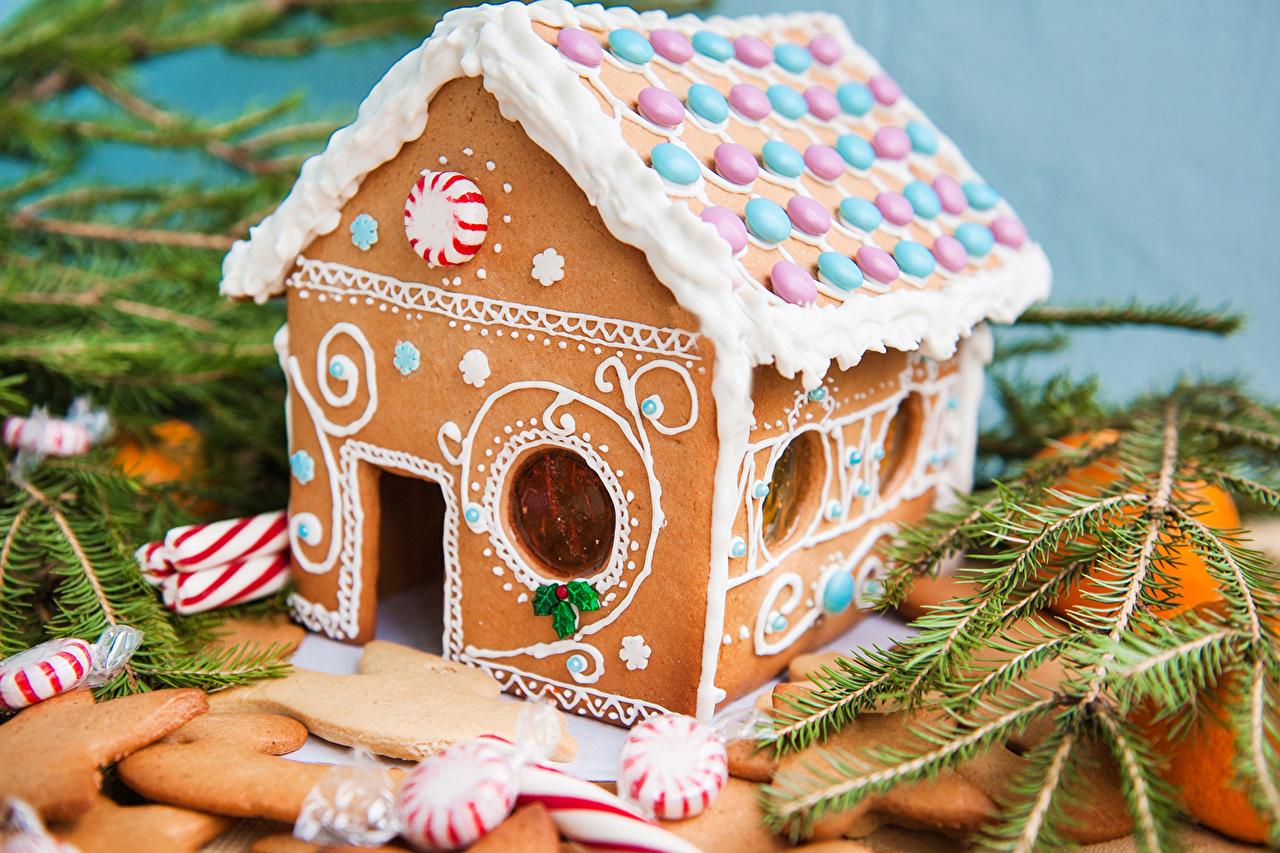Wallpaper Gingerbread house New year Food Cookies Branches